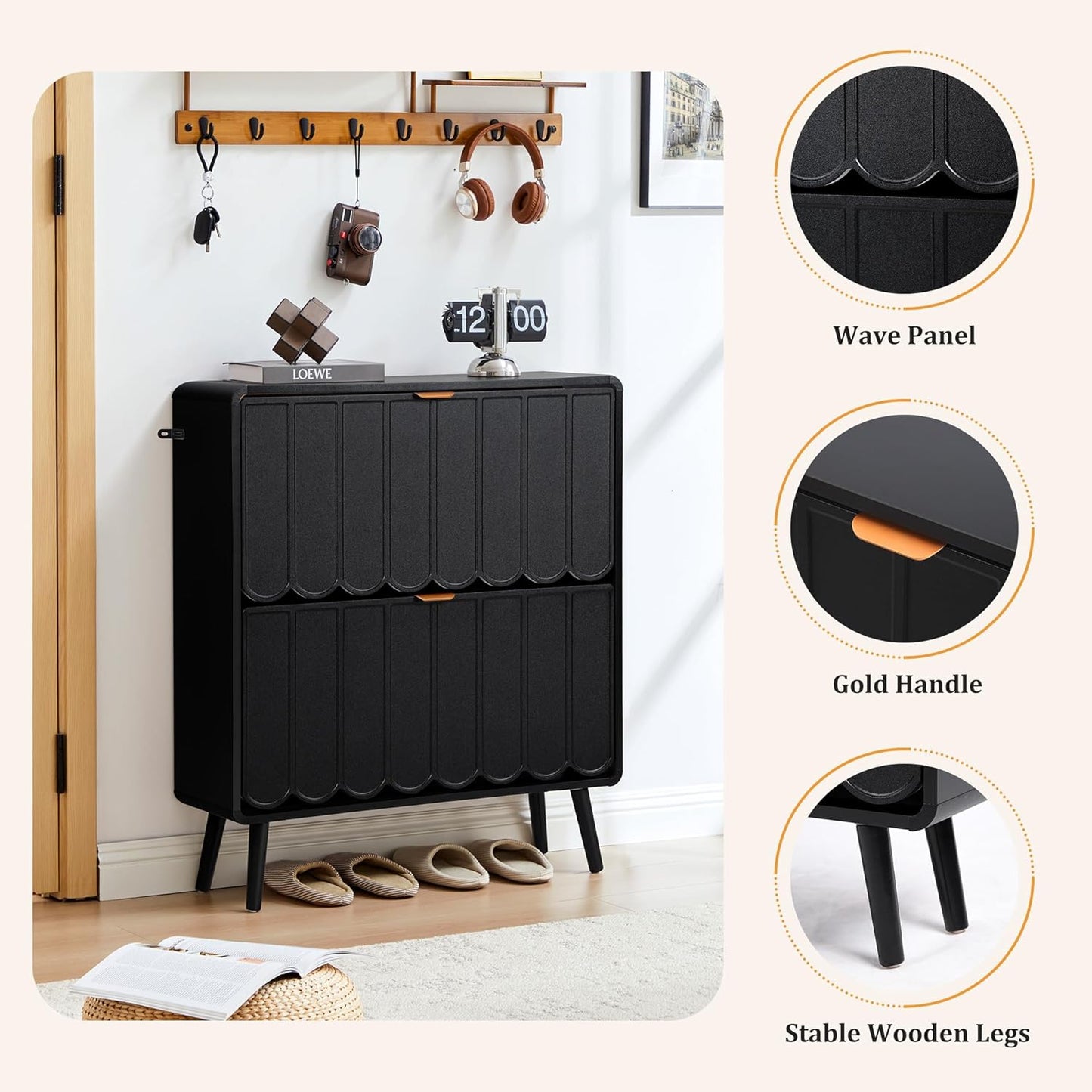 Shoe Storage Cabinet for Entryway with 2 Flip Drawers, Freestanding Narrow Wood Shoe Cabinet with Wave Panel, Hidden Shoe Organizer for Foyer, Hallway (Black)