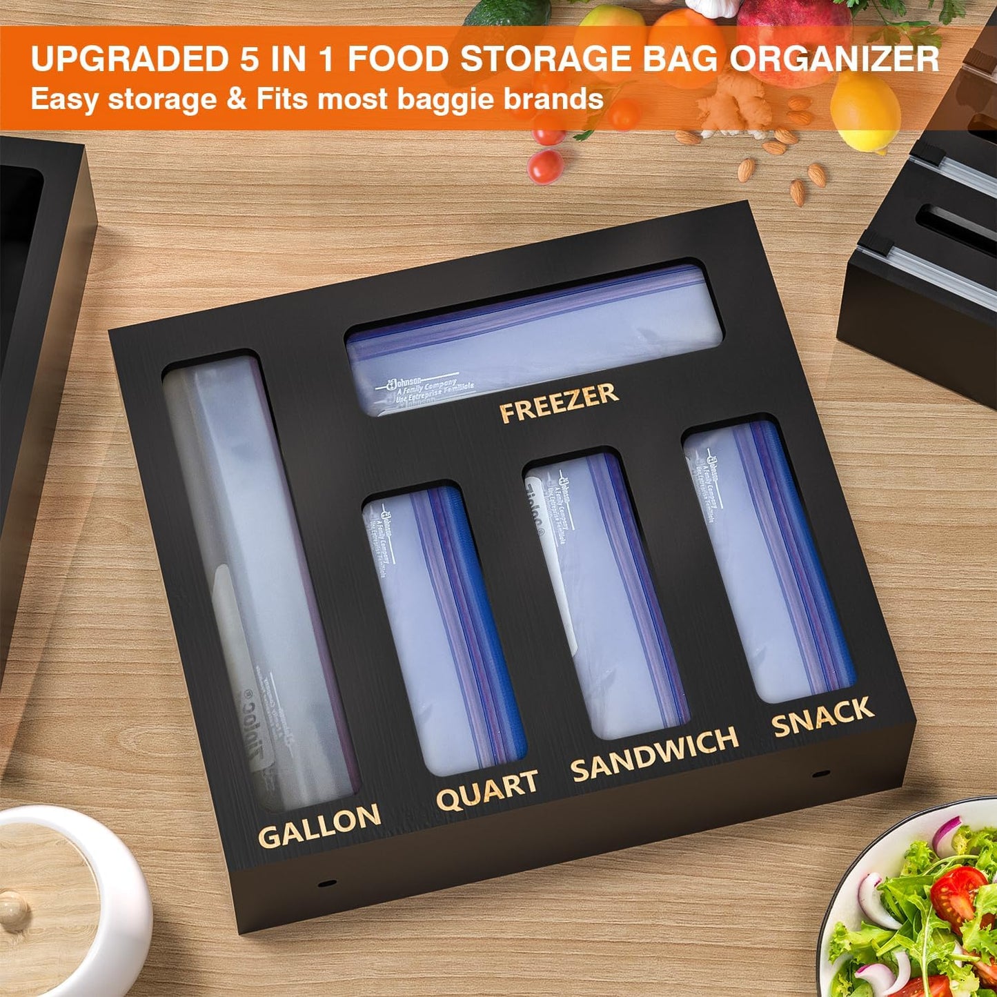 DALSHABET 9 IN1 Bamboo Storage Bag Drawer Organizer with Cutter, Foil and Plastic Wrap Dispenser for Kitchen Storage Compatible with All Brands Gallon, Quart, Sandwich & Snack Size Bags - Black