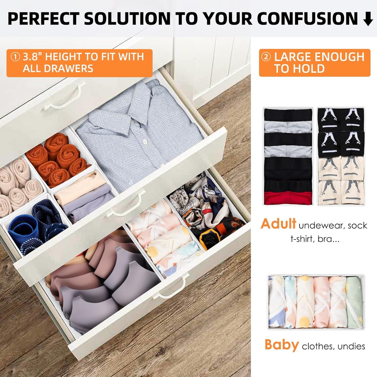Criusia Drawer Organizer Clothes 6 Pack White- Dresser Organizer Bins for Closet Bedroom - Baby Clothes Organizers and Storage for Nursery Organization -Sock Underwear Drawer Organizer Divider
