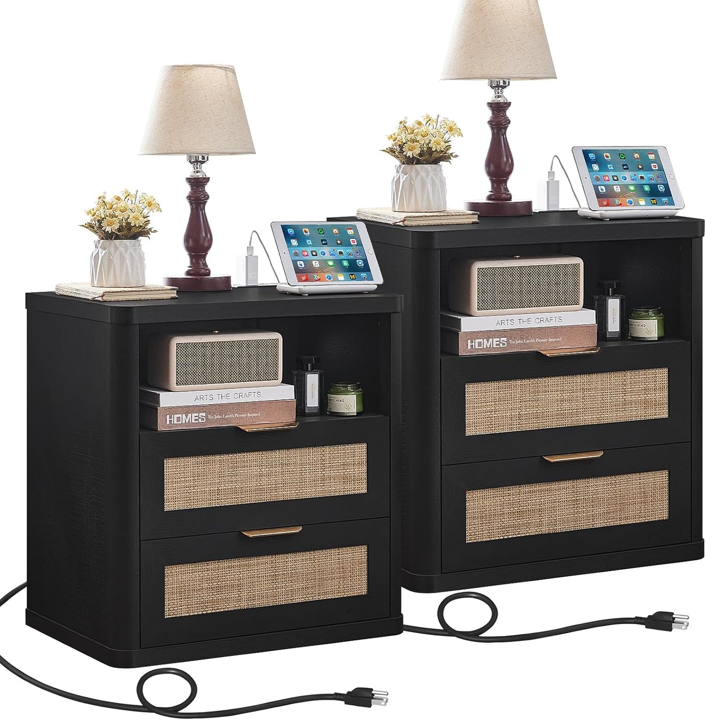 LEYAOYAO Rattan Nightstands Set of 2 with Charger Station, 23" Wide Boho Night Stand with 2 Drawers, Black Bedside Table Open Shlef, Bed Side End Table Dresser for Bedroom, Living Room Hallway