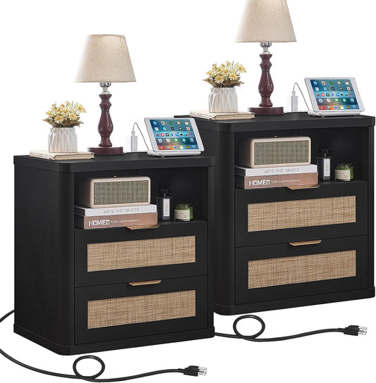 LEYAOYAO Rattan Nightstands Set of 2 with Charger Station, 23" Wide Boho Night Stand with 2 Drawers, Black Bedside Table Open Shlef, Bed Side End Table Dresser for Bedroom, Living Room Hallway