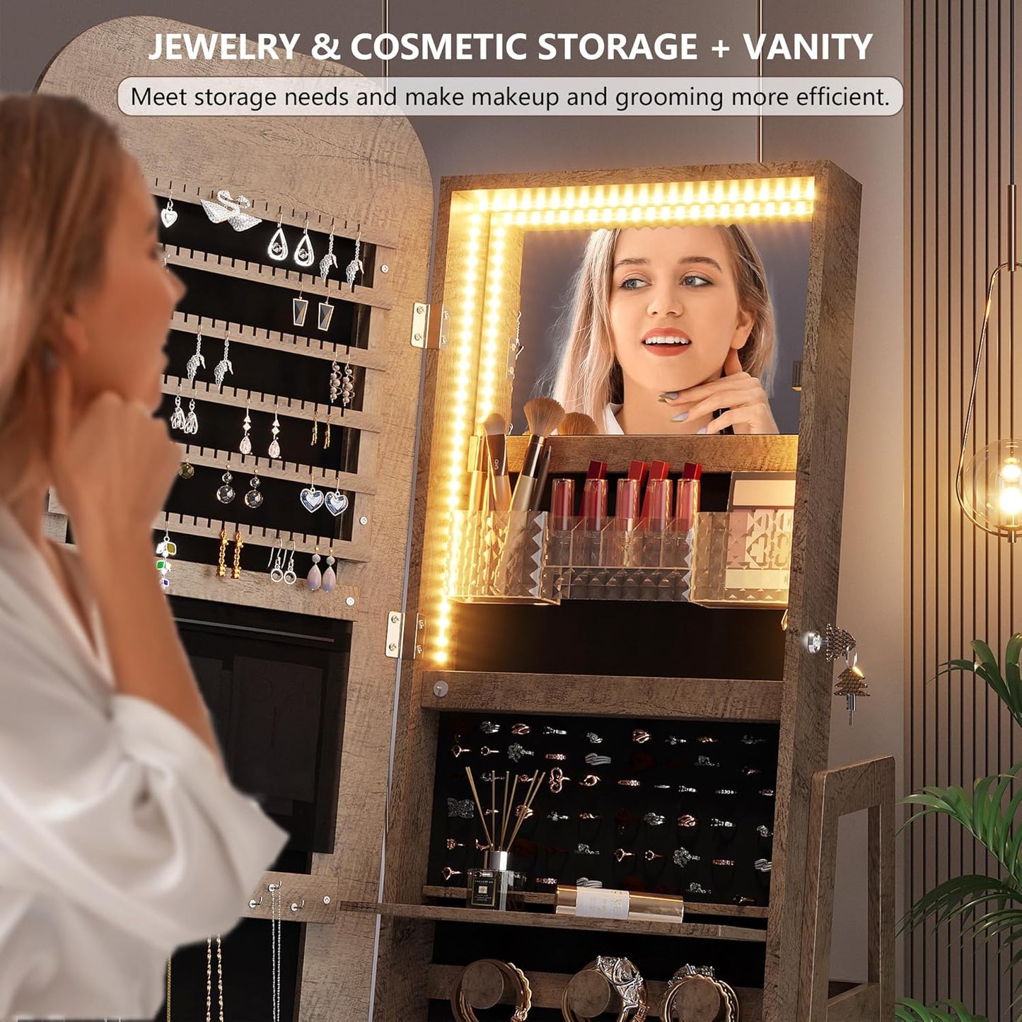 360°Swivel jewelry organizer with Full Length Mirror with Lights,Jewelry Armoires Cabinet Standing with Drawer,Large Mirror Storage for Jewelry and Makeup（Wood）