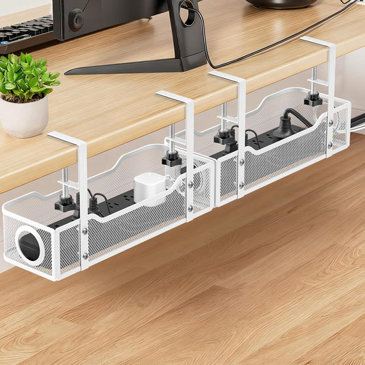 Under Desk Cable Management Tray - GZOKMOG No Drill Cord Organizer with Clamp, Workspace Organizers for Cords, Metal Mesh Wire Management for Home and Office, 2 Pack White, 13.38 inch