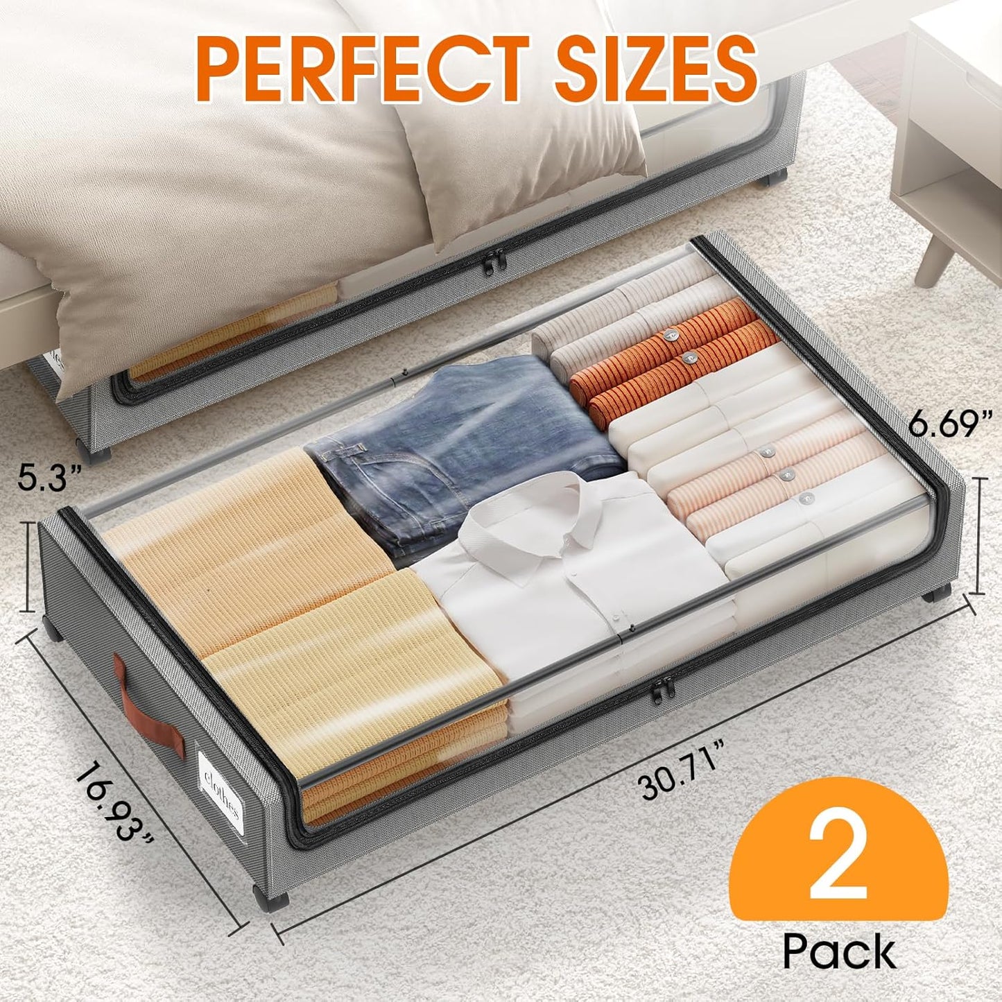 Under Bed Storage with Wheels 2Pack Underbed Storage with Clear Window&Label Under Bed Drawers Large Capacity Rolling Under Bed Storage for Clothes,Shoes, Blankets (Light Grey)