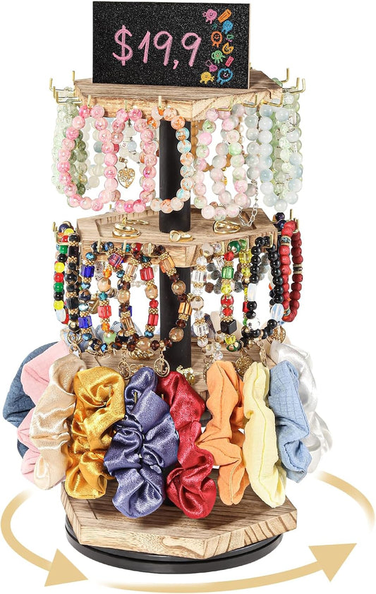 LadyRosian 3-Tier Wooden Rotating Jewelry Display Stand | Bracelet & Keychain Organizer with Advertising Board | 54 Hooks Rustic Holder for Vendor Booth & Stores (3-Tier Round Hexagon)