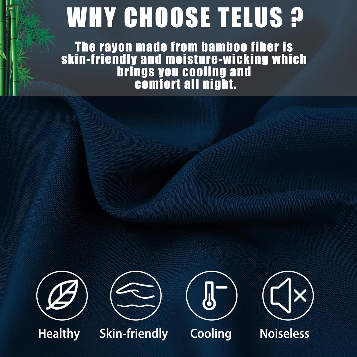 TELUS Pillow Cases Queen Size 2 Pack, Bamboo Rayon Cooling Pillowcases with Envelope Closure, Cool Breathable Pillow Cover for Hot Sleepers & Night Sweats, 20x30 inches, Navy Blue