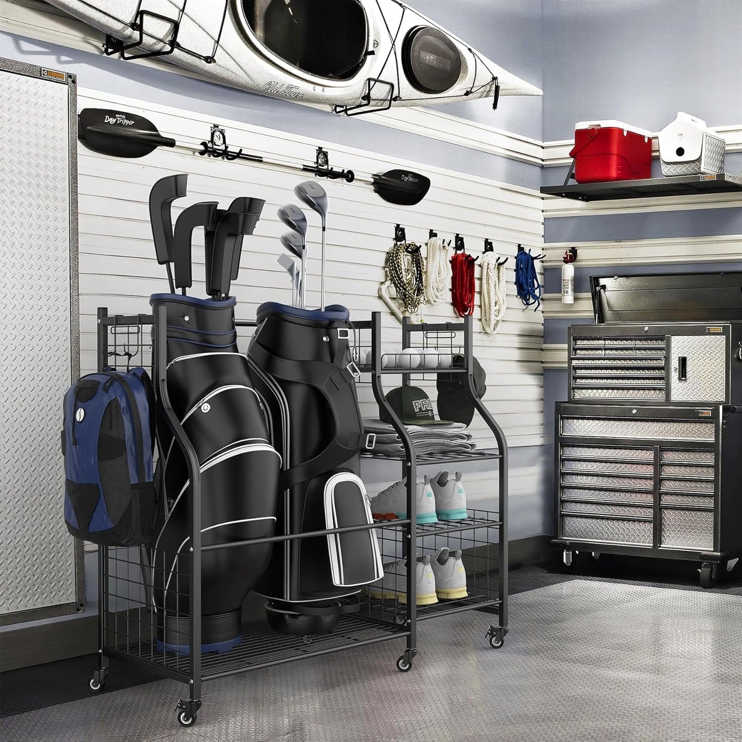 WALMANN Garage Golf Bag Storage Organizer Stand, Extra Large Golf Bag Stand with Golf Accessories Storage Shelves Rolling Golf Bags Organizer