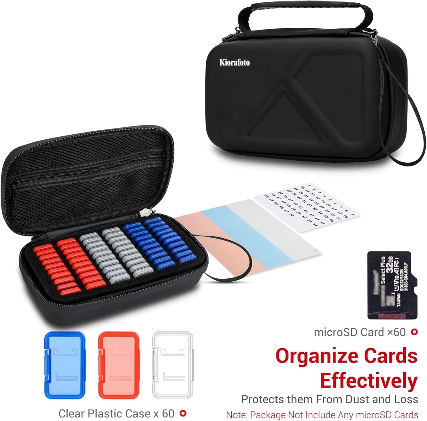 EVA PU Micro SD Card Case with 60 Individual Plastic TF Card Holders - Water-Resistant, Anti-Shock Carrying Organizer with Handle & Label