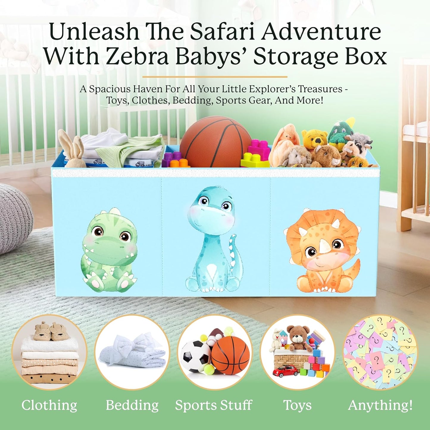 Extra Large Dinosaur Toy Box – 40"x13.5"x16.5" Collapsible Toy Chest with Dividers & Lid for Boys and Girls, Sturdy Kids Toy Organizer Bin for Nursery, Playroom, Bedroom, Stuffed Animal Storage