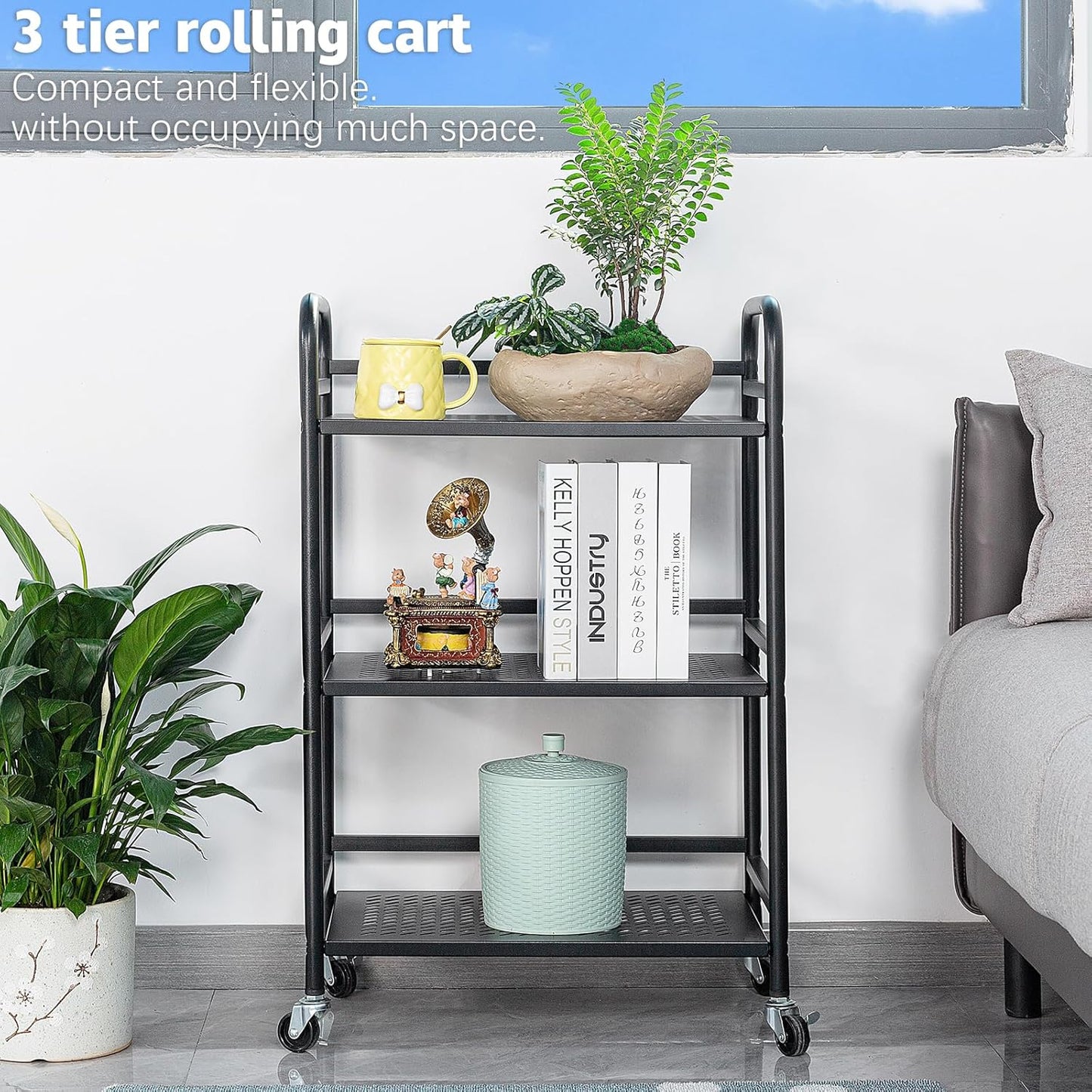 HDANI 3 Tier Rolling Cart,Heavy Duty Multifunctional Metal Frame-Supports 22 Lbs Per Tier,Mesh Rolling Cart with 2 Lockable Wheels for Office,Home,Bedroom,Kitchen,Bathroom,Black