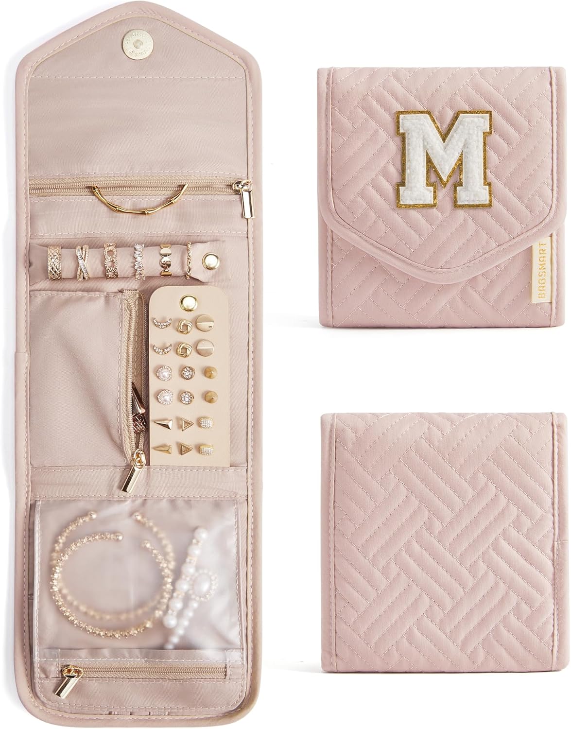 BAGSMART Travel Jewelry Organizer Case M Initial Foldable Jewelry Roll for Journey Rings, Necklaces, Earrings, Bracelets,Mini,Letter M,Soft Pink