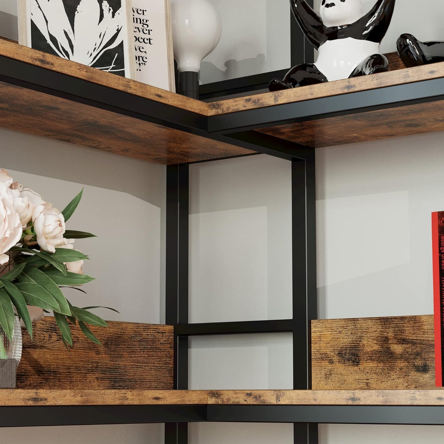 IRONCK Corner Bookshelf 5 Tiers, Industrial Corner Bookcase with Baffles Etagere, L Shaped Bookshelves with Metal Frame, Corner Shelf Storage Rack for Living Room Home Office