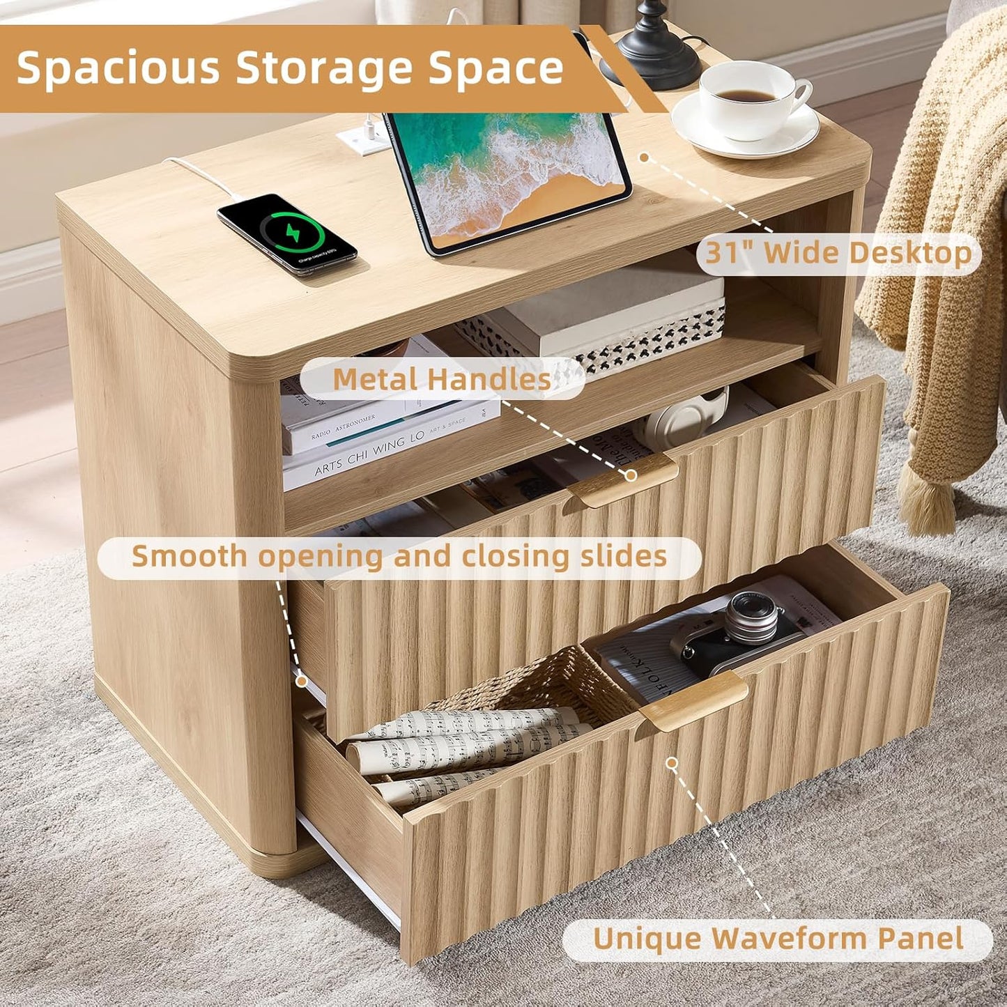 LEYAOYAO 31" Wide Fluted Nightstand with Charging Station, Oversized Extra Large 2 Drawers Night Stand,Natural Wood Bedside Table,Tall Bed Side End Tables,Modern Chest of Drawers Dressers for Bedroom