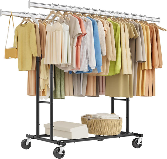 Tajsoon Double Rod Clothes Rack Load 480 LBS, Heavy Duty Rolling Garment Rack with Wheels, Collapsible Clothing Rack for Hanging Clothes, Commercial Adjustable Clothes Rack with Shelf, Black