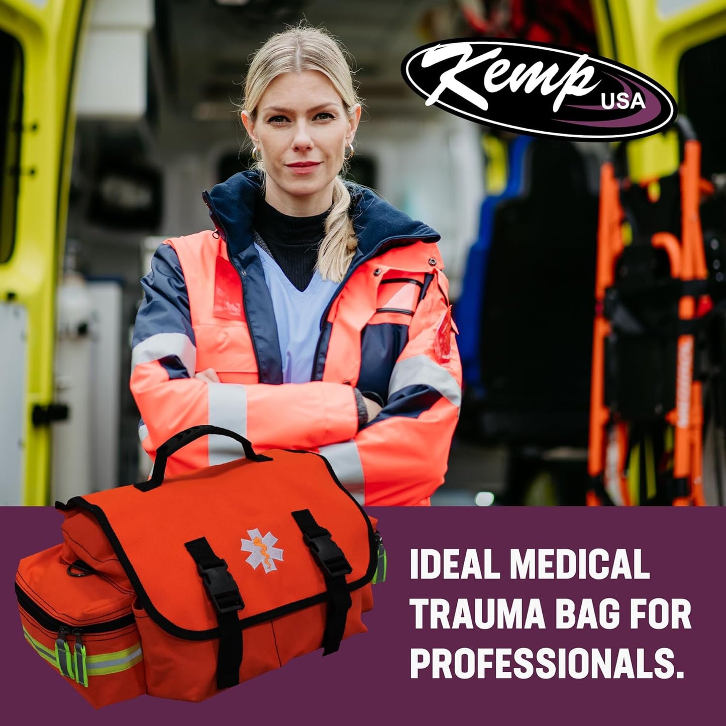 Kemp USA EMT First Responder Trauma Bag, Orange, First Aid & Survival Gear with High-Visibility Reflectors, Rapid Medical Response & Emergency Tools Organizer