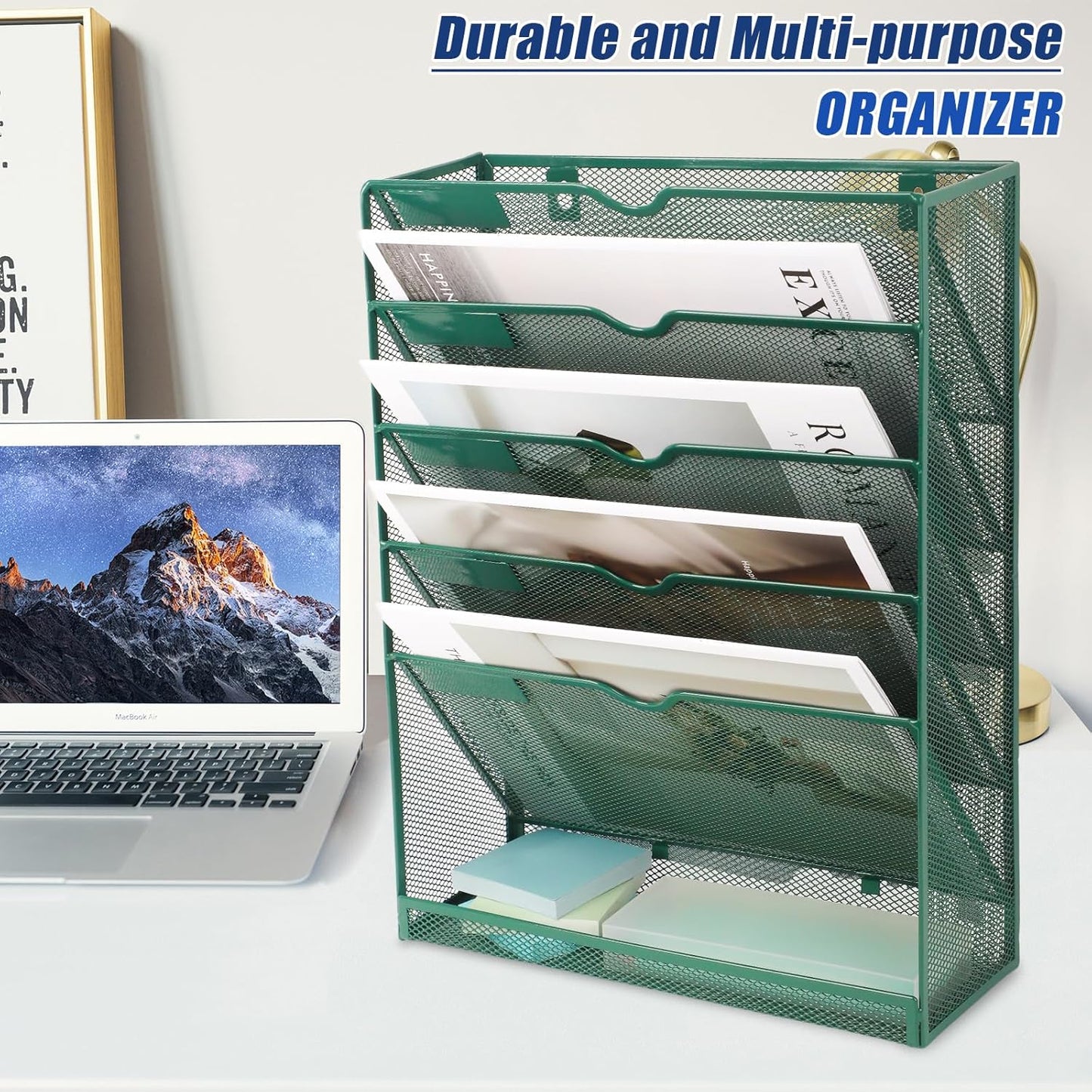 EASEPRES 6 Tier Desk File Organizer, Mesh Hanging Wall Mount Document Organization Stand, Desktop Vertical Mail Paper Folder Holder Rack with Bottom Tray for Office Cubicle, Sides Closed, Dark Green