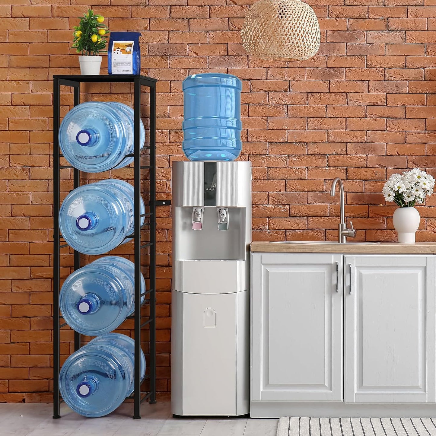 smusei 5 Gallon Water Jug Holder Heavy Duty 4 Tier Water Bottle Holder with Storage Shelves Detachable Water Jug Rack for 5 Gallon, Water jug Stand Organizer for Office Living Room, Black