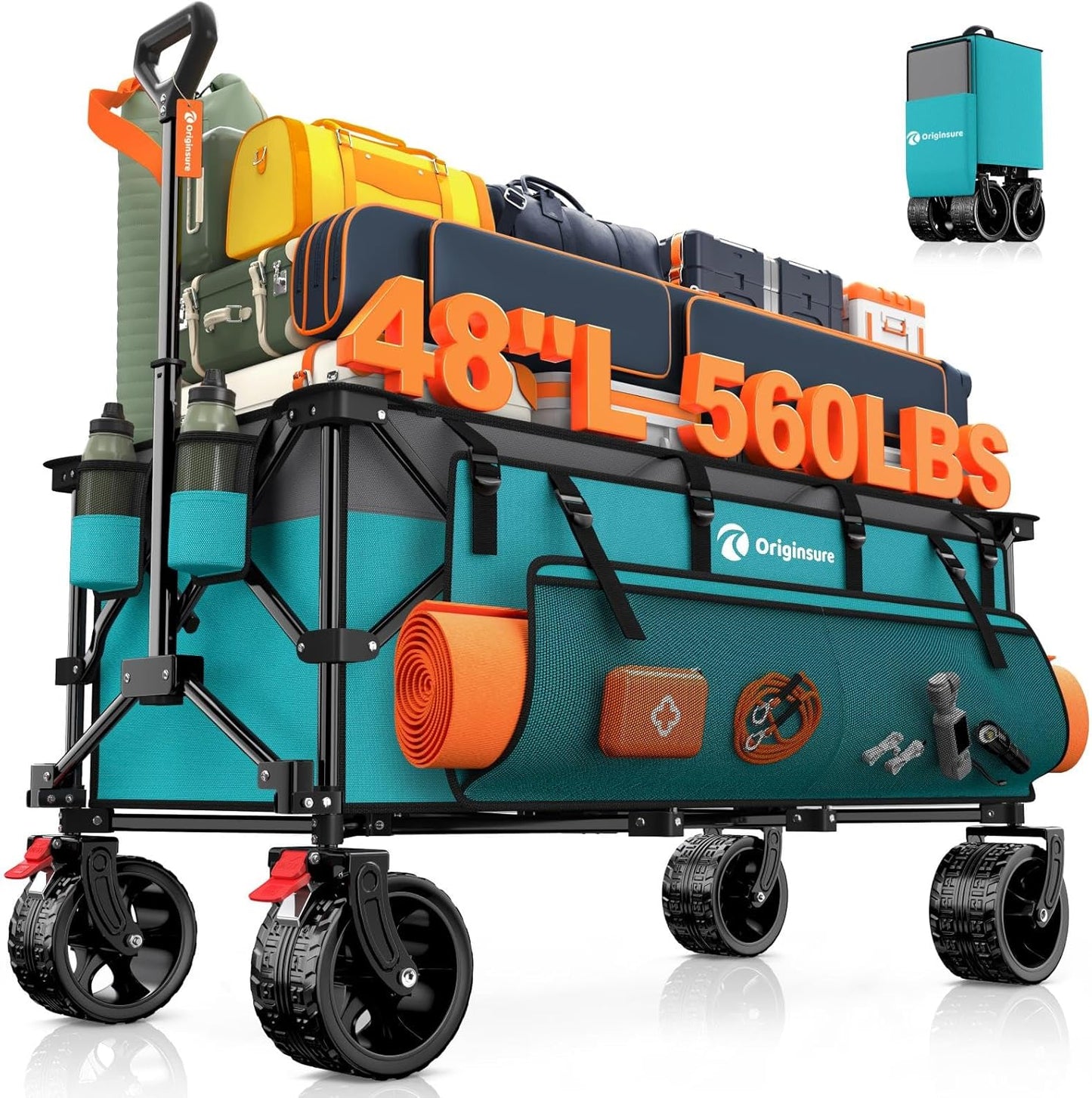 48" L Collapsible Beach Wagon Cart Foldable, 560LB Weight Capacity 300L Heavy Duty Folding Wagons with Big All-Terrain Wheels, Utility Carts for Groceries, Shopping, Camping, Sports - Grey&Turquoise