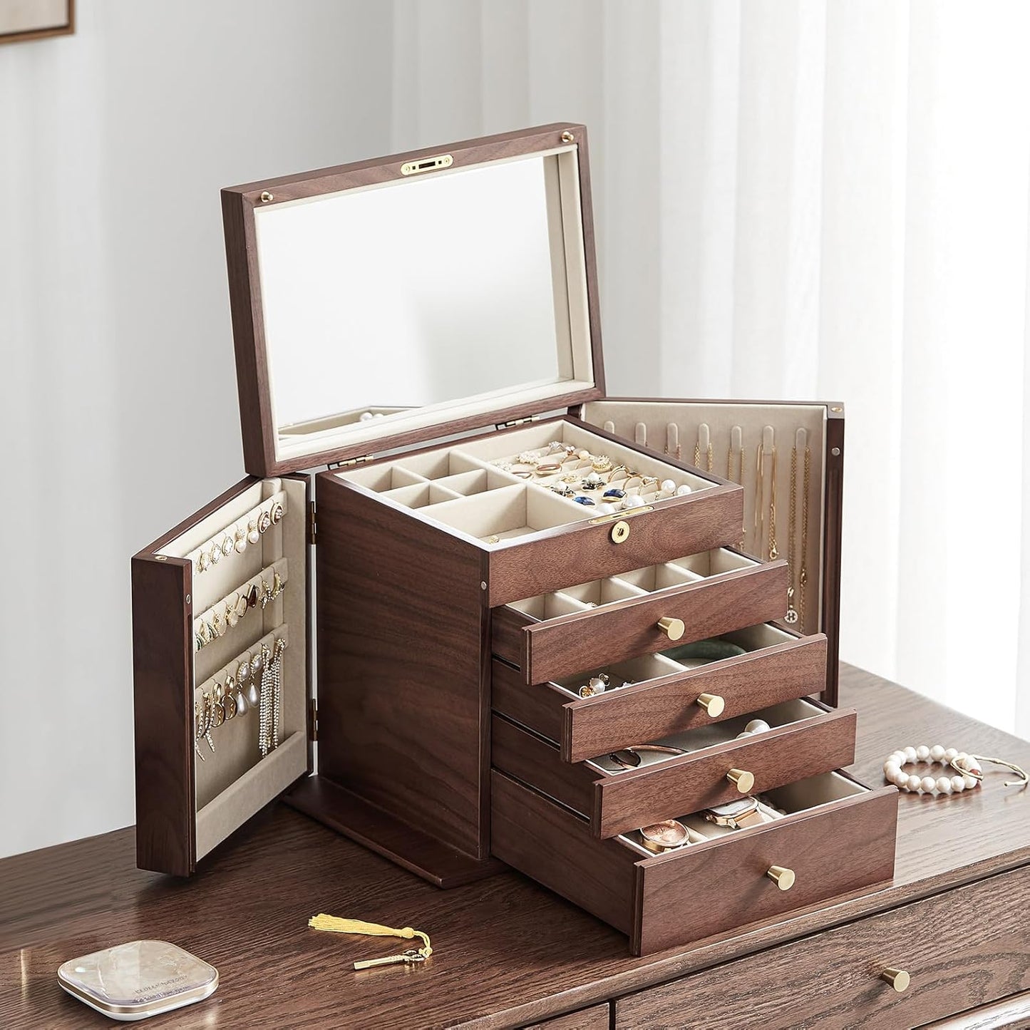 CHOSIN Black Walnut Wooden Jewelry Box for Women with Mirror, 5 Drawers and 2 Side Doors for Watches, Necklaces, Rings, Earrings Storage Christmas Gifts