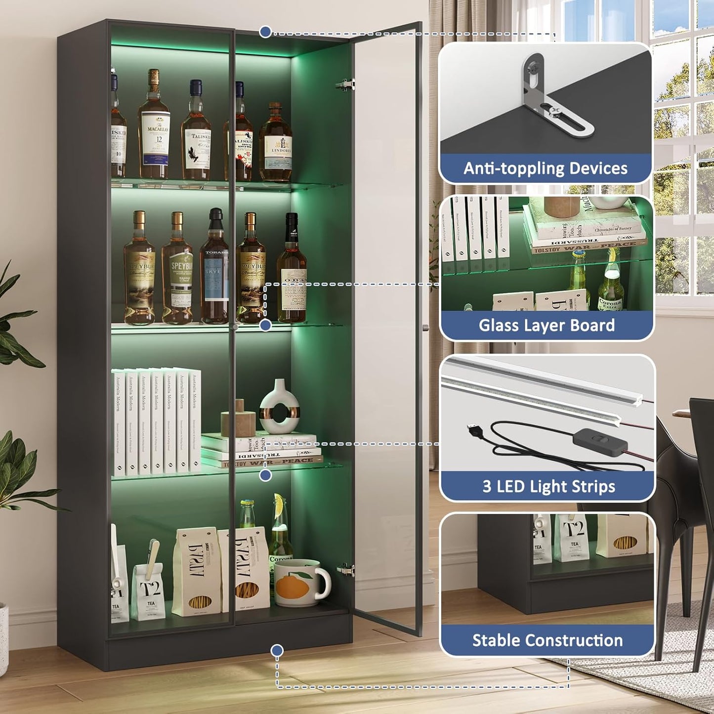 Display Cabinet with LED Lights, Display Case with 4-Tier Glass Shelves & 2 Glass Doors, Curio Cabinet for Collectibles, Living Room