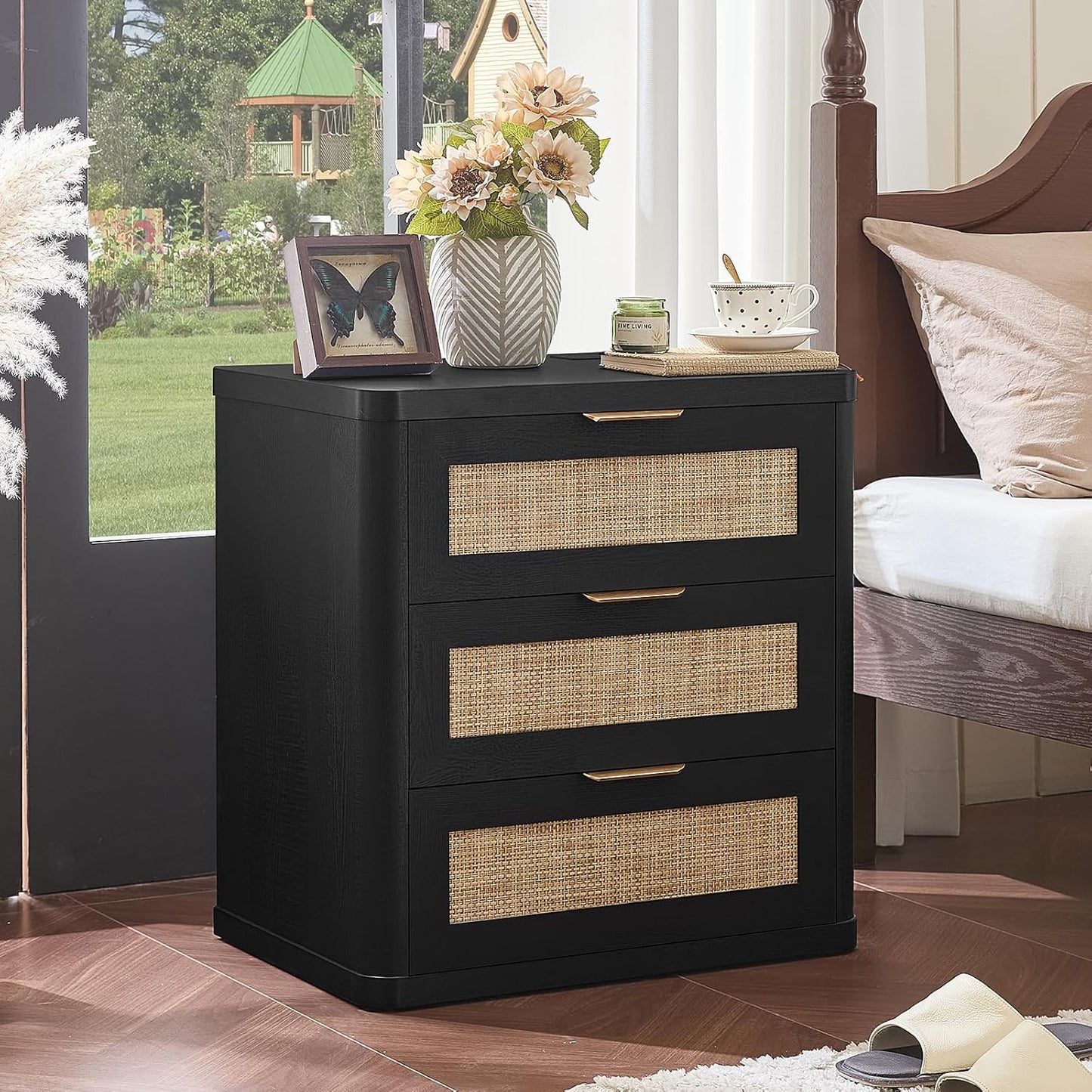 LEYAOYAO Rattan Night Stand with Charger Station, 23" Large 3 Drawer Boho Nightstand, Black Bedside Table Storage Cabinet, Bed Side End Tables for Bedroom, Living Room, Hallway
