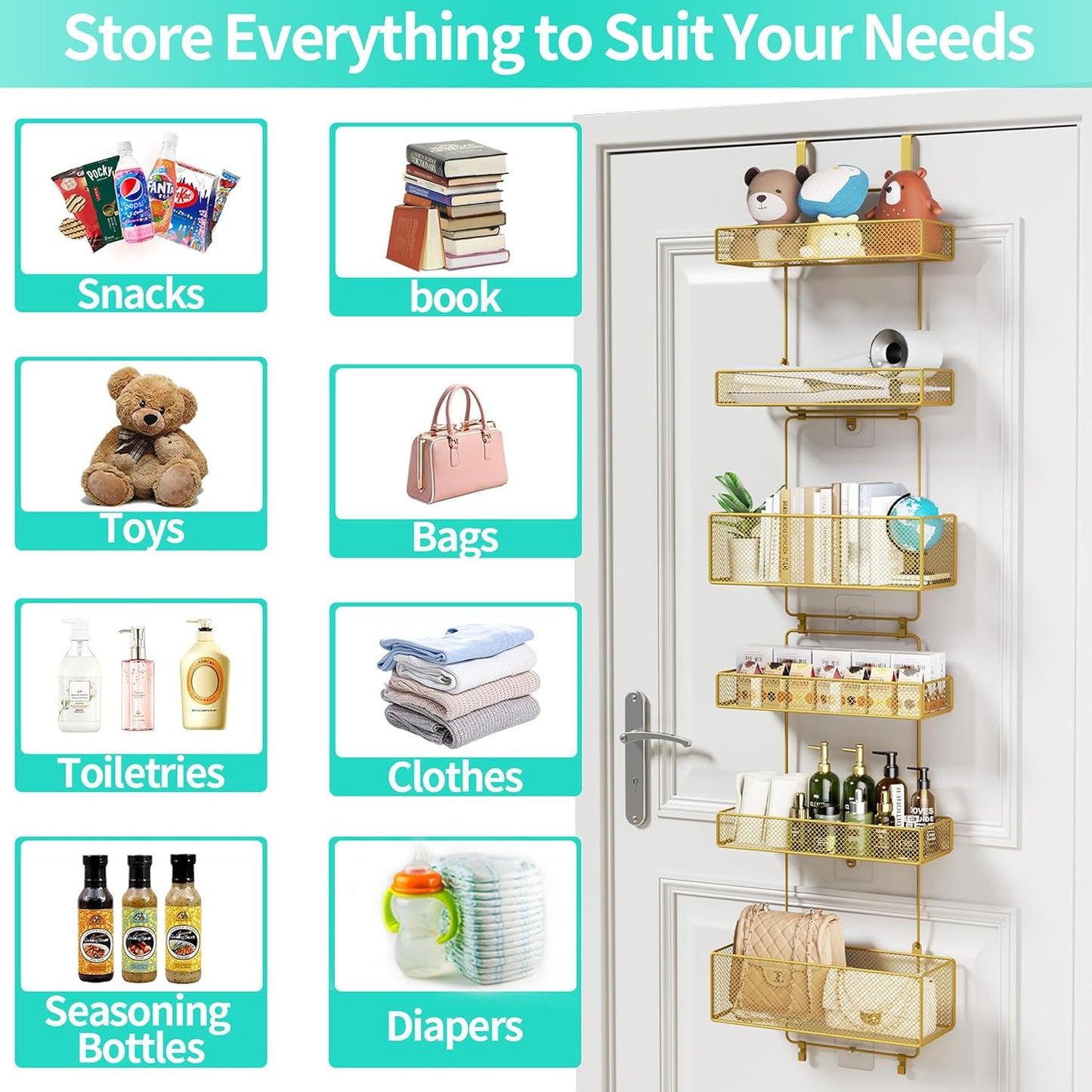 HapiRm Over Door Organizer Storage - Separable Door Organizer Hanging with 6 Metal Large Capacity Baskets for Bathroom Bedroom Kitchen Pantry Closet (Gold)