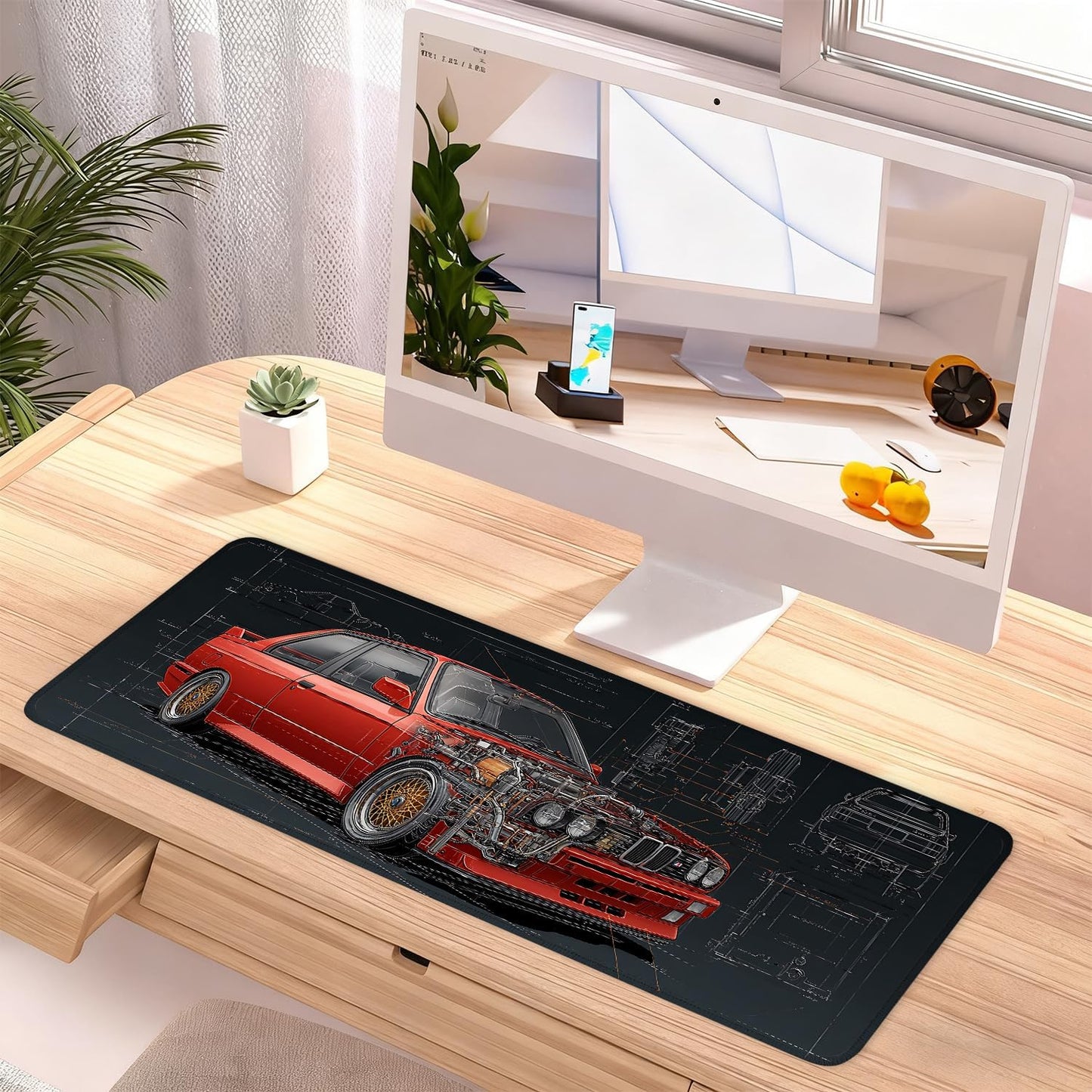 Retro Car Blueprint Mouse Pad – Large Extended Desk Mat 31.5 x 11.8 in – Classic Red Tuner Car Cutaway with Engine Diagram, Waterproof Surface, Non-Slip Rubber Base, Keyboard & Mouse Pad