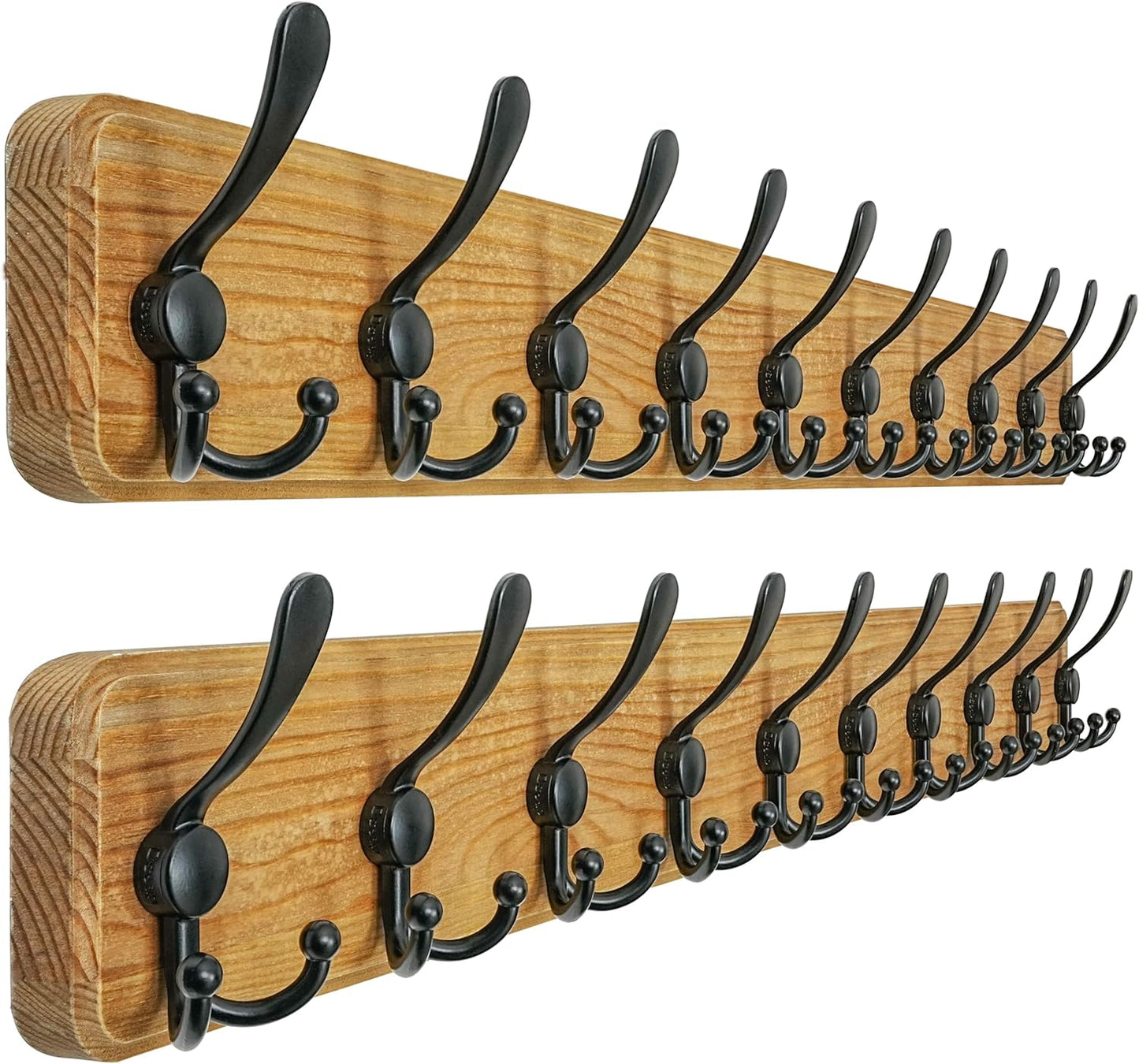 Dseap Coat Rack Wall - Heavy-Duty 38-1/4" Long, with Reinforced 10 Custom Tri-Hooks, Solid Wood Wall Hanger for Coats Hat Jackets - Rustic Farmhouse Entryway Storage,Weathered Brown & Black,Pack of 2