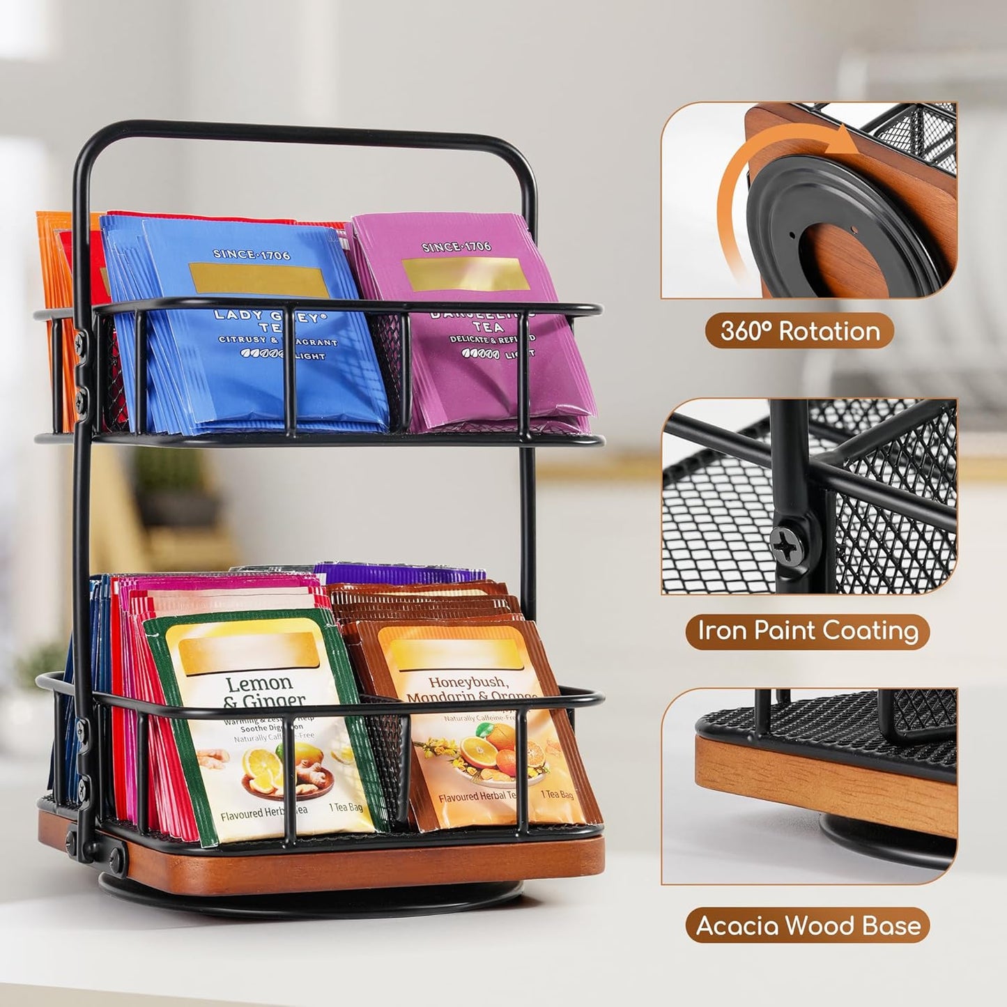 Rotation 2 Tier Tea Bag Organizer, Iron Art Tea Organizers, Acacia Wood Stand Teabag Holder with Handle Easy to Move and 8 Basket Tea Caddy for Tea Bags Organizer for Pantry, Kitchen, Gift Giving