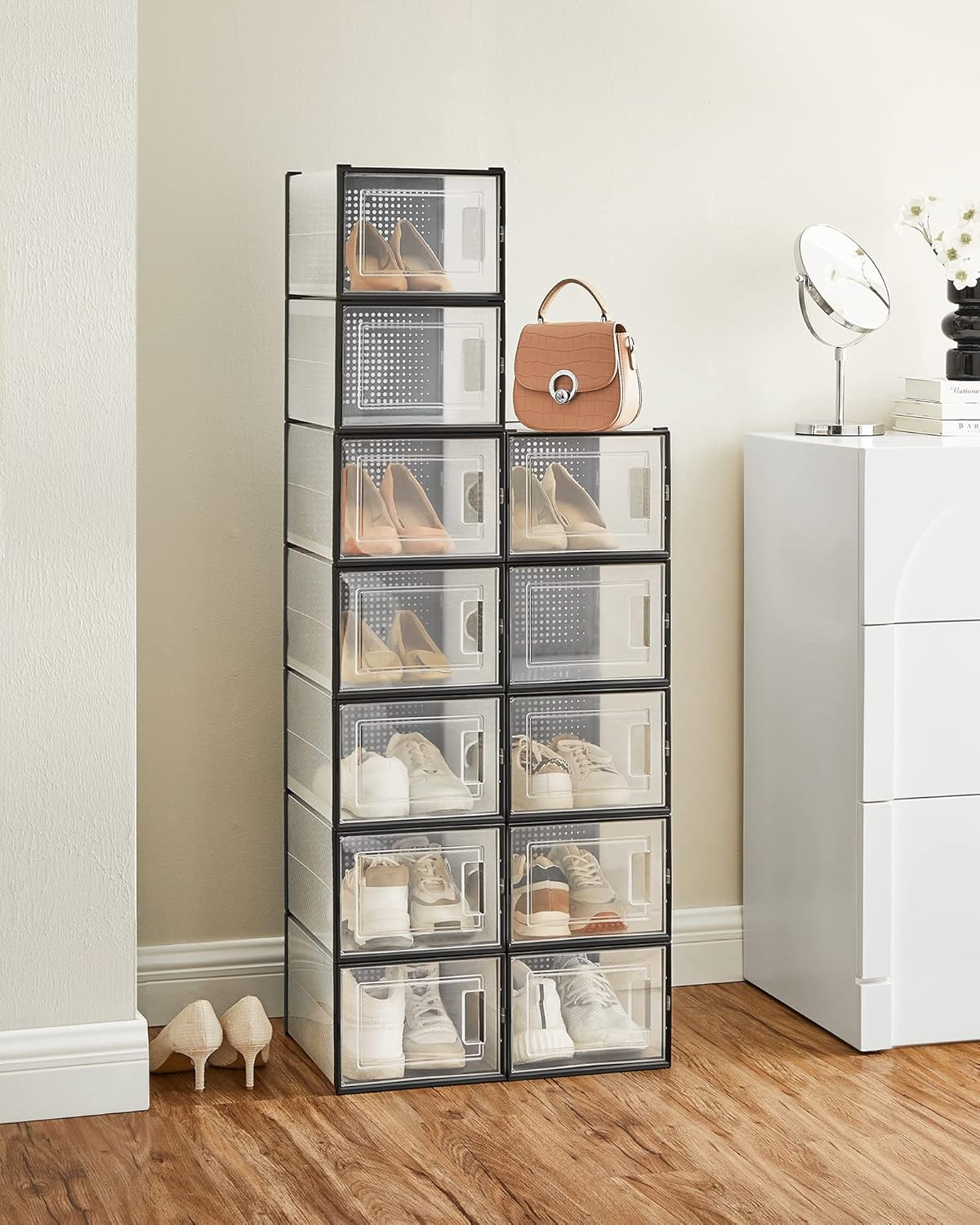SONGMICS Shoe Boxes, Pack of 12 Shoe Storage Organizers, Stackable Clear Plastic Boxes for Closet, Sneakers, 13.7 x 9.9 x 7.4 Inches, Transparent and Black ULSP007B12