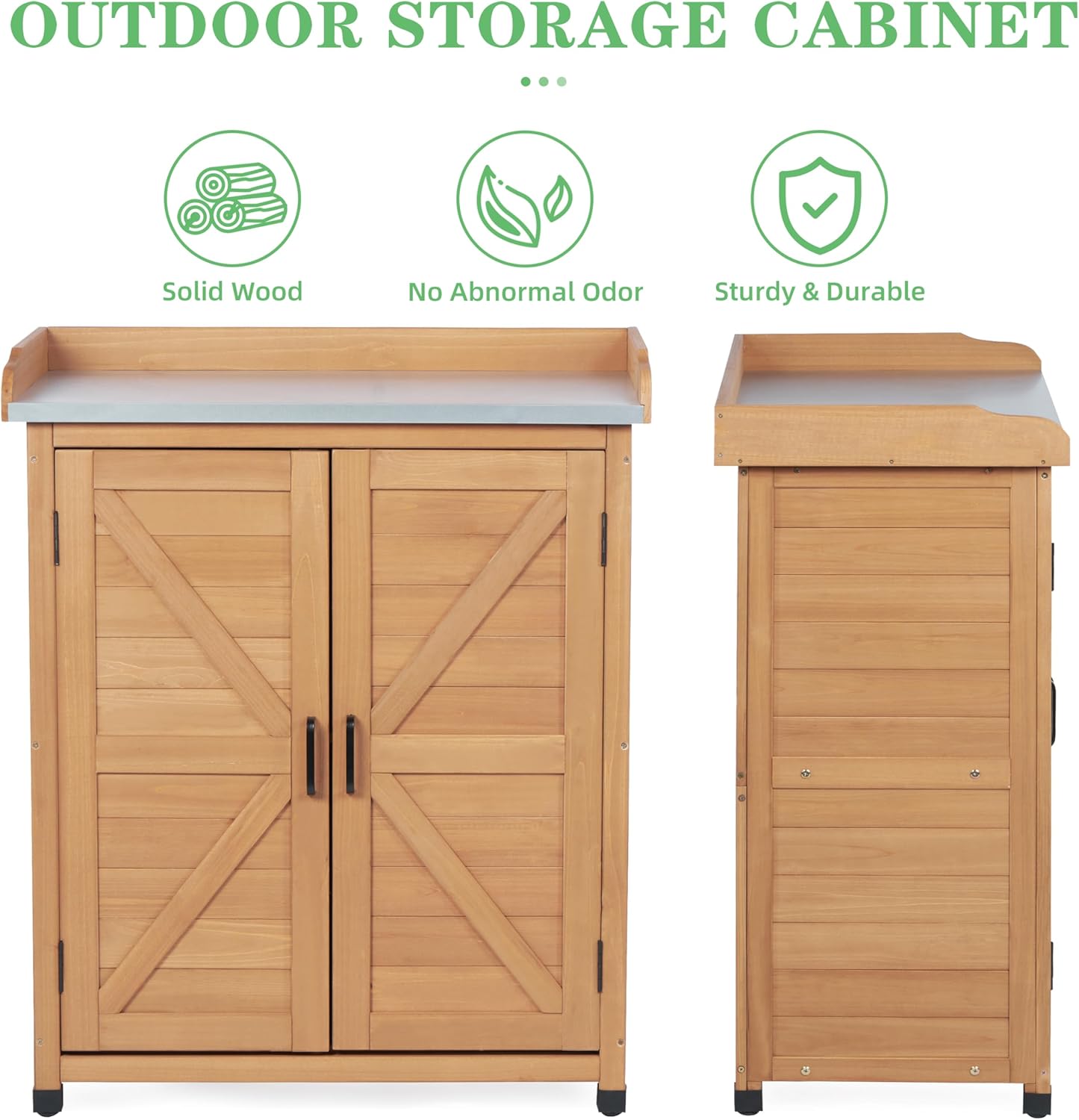 Outdoor Potting Bench with Storage Cabinet and Metal Top, Wood Workstation for Outdoor Patio, Garden (Light Brown, 31.5x17x39‘’)