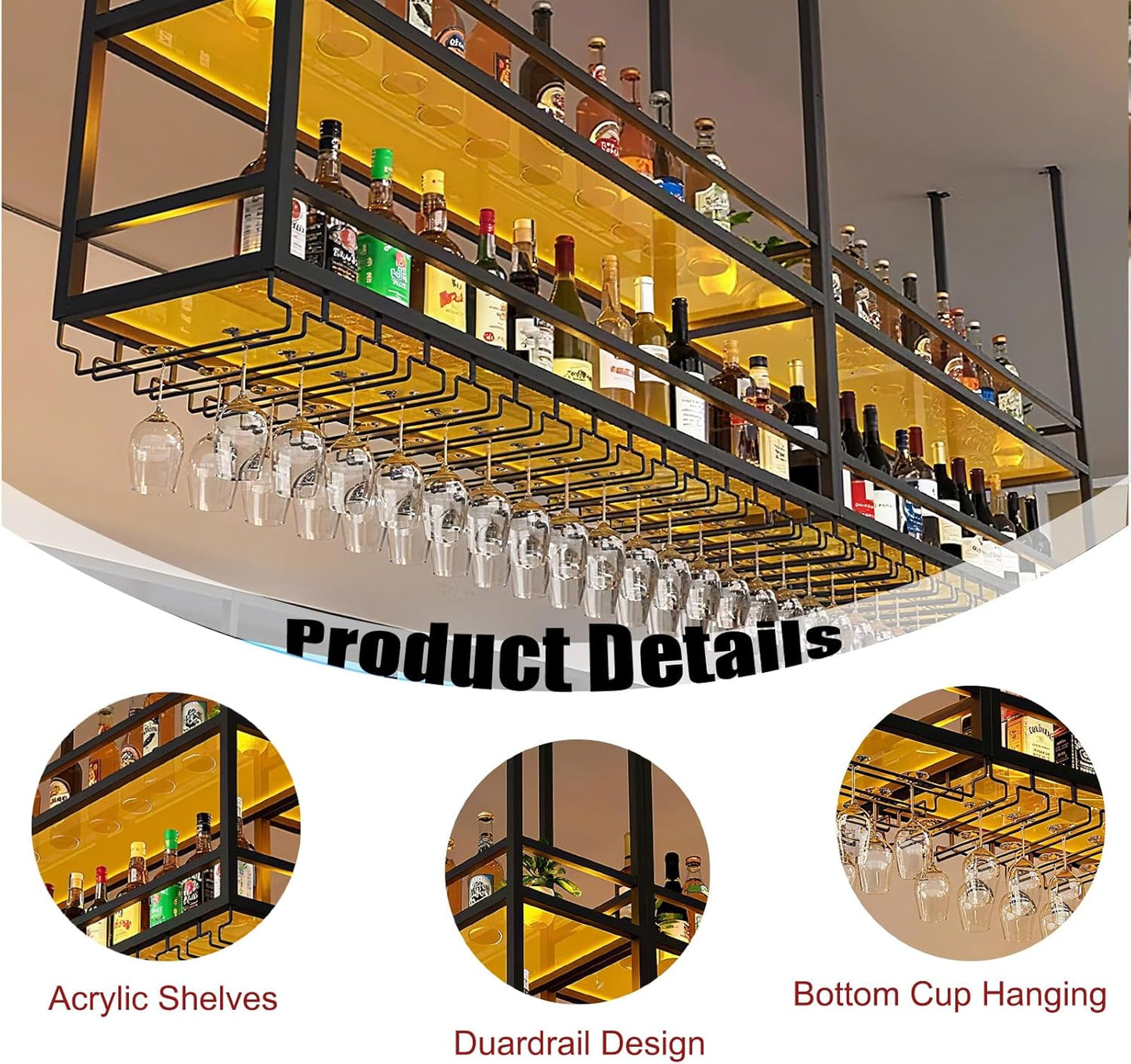 39.3IN Acrylic Ceiling Wine Glass Rack with Transparent Shelves, Hanging Wine Rack with Glass Holder and LED lights, 2 Layer Ceiling Bottle Holder Shelf for Bar Kitchen Decorate (39.3in/100cm)