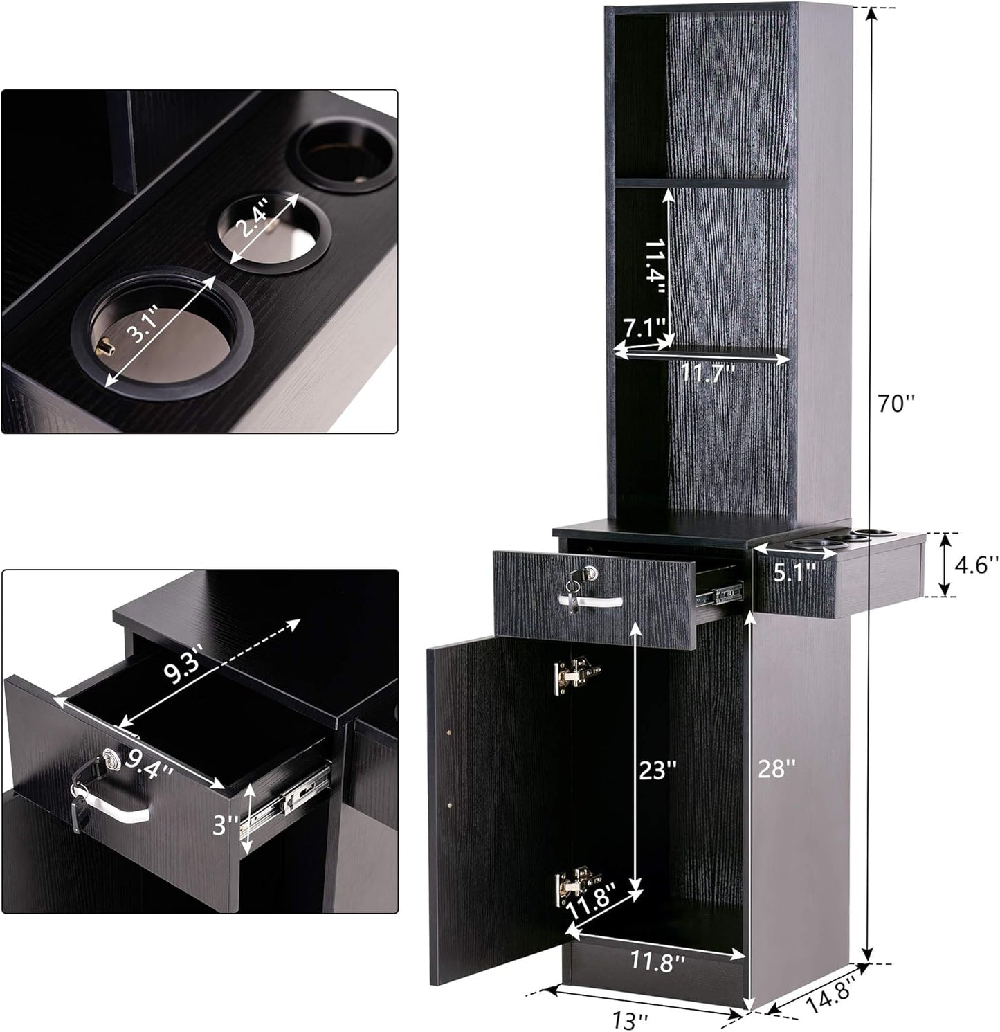 BarberPub Wall Mount Barber Station Hair Styling Drawer Storage Beauty Salon Spa Equipment 3208 (Black)