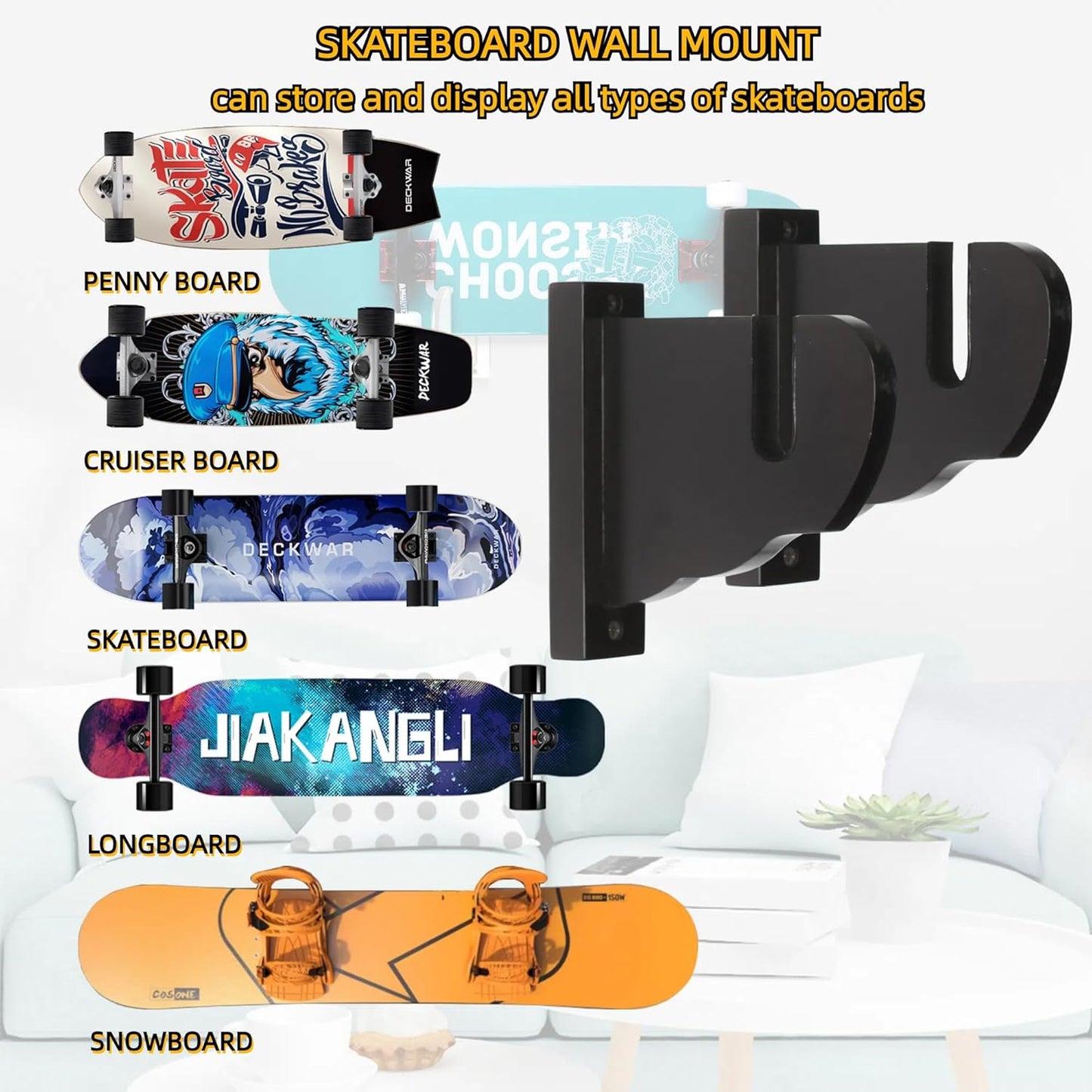 BiJun Skateboard Wall Mount, Snowboard Wall Mount Display, Acrylic Horizontal Skateboards Rack, Skateboard Storage Hanger (Black)