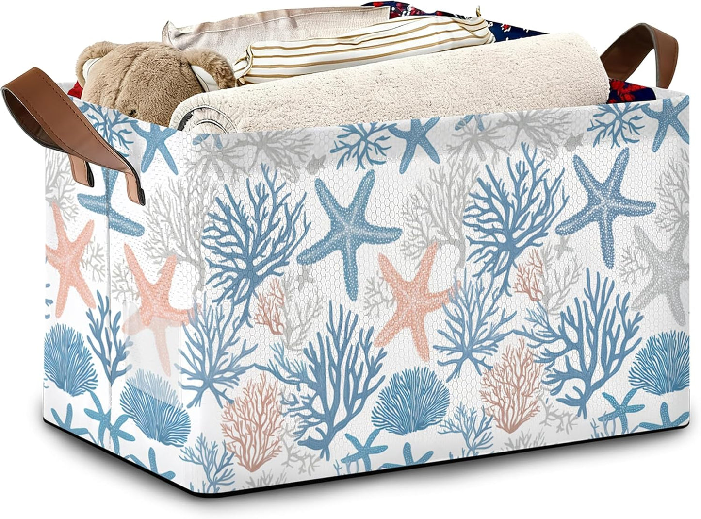Starfish Coral Storage Basket with Handles,Shell Collapsible Rectangle Organizer Bin for Room Decoration Books Box Baskets 17x11.5x10Inch