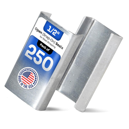 IDL Packaging 1/2" Open (Snap-On) Seals for Steel Strapping, Pack of 250 - USA-Made Sturdy Metal Clips for Securing Heavy Packaging and Pallet Banding - Superior Holding Power for Steel Banding Jobs