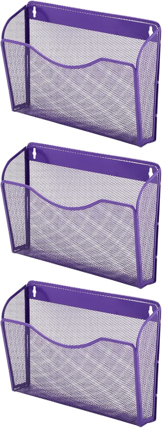 EASEPRES 3 Single Pocket Mesh Hanging File Organizer, Vertical Wall Mounted Magazine File Holder, Mount Basket Mail Paper Document Folder Organizing for Office, Home and School, Purple