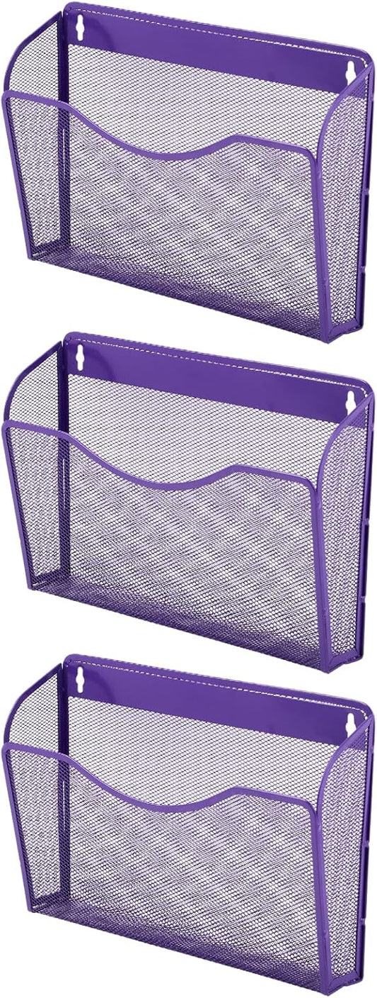 EASEPRES 3 Single Pocket Mesh Hanging File Organizer, Vertical Wall Mounted Magazine File Holder, Mount Basket Mail Paper Document Folder Organizing for Office, Home and School, Purple