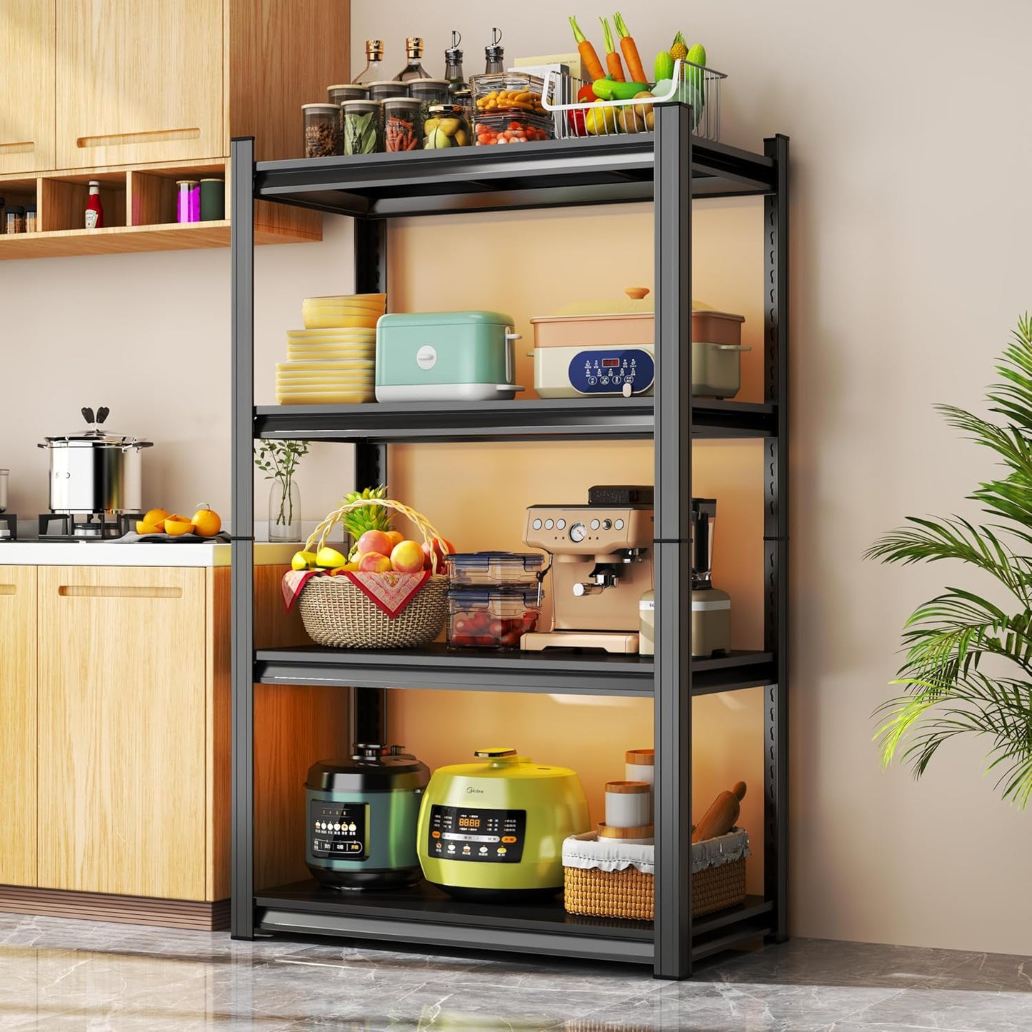 Storage Shelves, Garage Metal Shelving Unit, Adjustable, Double-Layer Column with Reinforced Ribs, Heavy-Duty, Capable of Bearing 600-3600 lbs (Black, 47''W*24''D*63''H, 4-Tier)