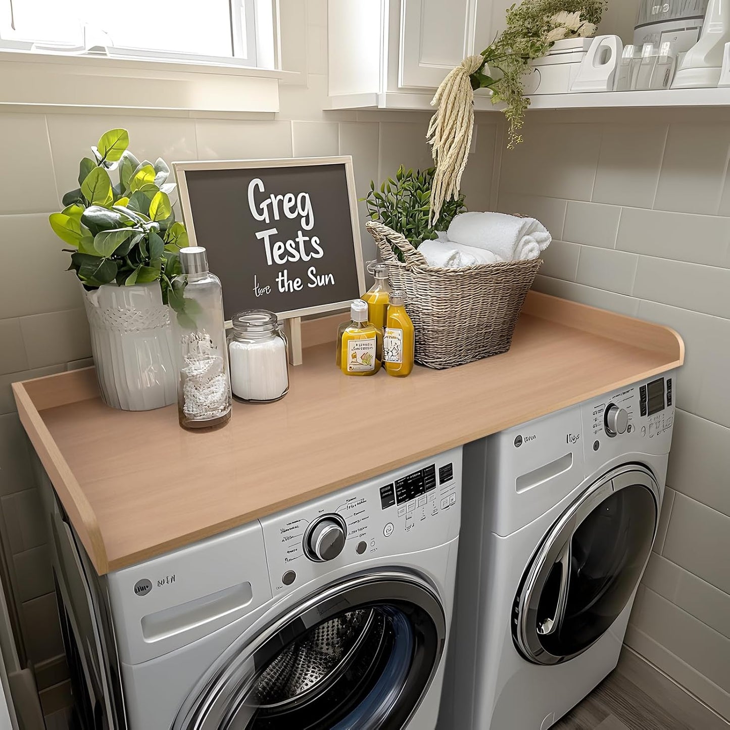 Kaboon Washer Dryer Countertop 58" x 28" Extra Large Version, Melamine Countertop with 3.5" Edge Rails, Laundry Room Organization, Light Walnut
