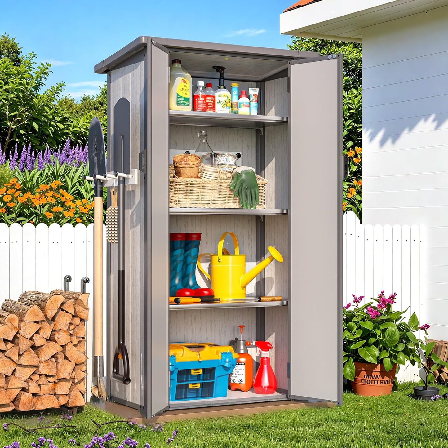 U-MAX Resin Outdoor Storage Cabinet Waterproof with Adjustable Shelves, Vertical Tall Plastic Storage Shed with Reinforced Floor, All Weather Sheds & Outdoor Storage Clearance with Base for Outside