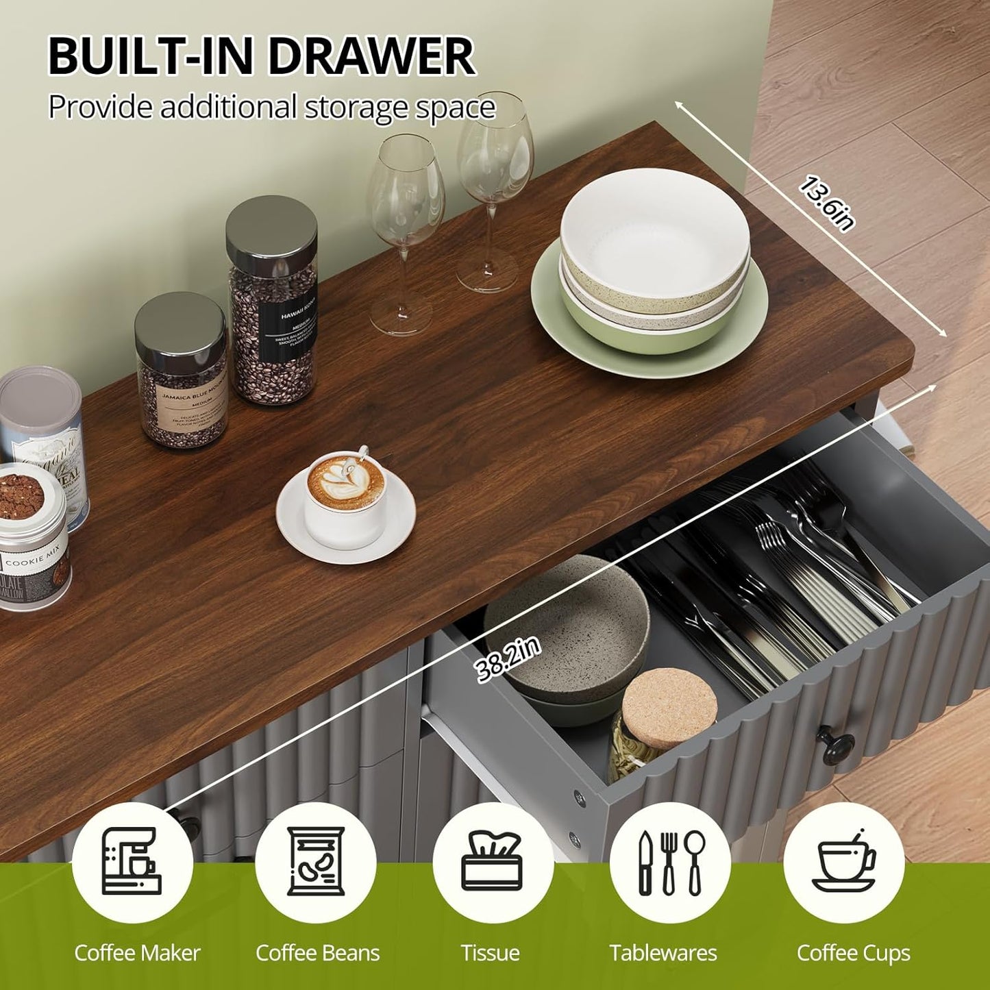 Double Tilt Out Trash Can Cabinet, 20 Gallon Fluted Laundry Hamper Cabinet with 2 Drawers, Wooden Hidden Garbage Can Cabinets for Kitchen, Living Room, Without Trash Bin or Laundry Hamper,Grey