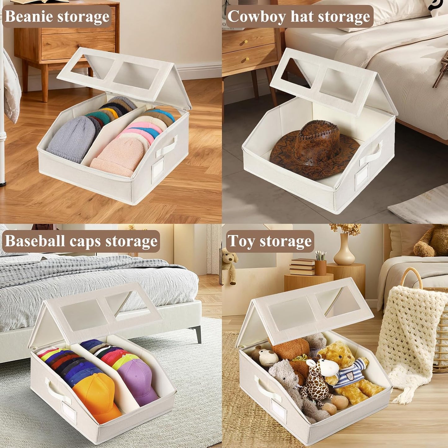 Hat Storage for Baseball Caps-Holds Up to 24 Caps, Hat Organizer for Closet Stackable Hat Box with Cardboard, Dustproof Baseball Cap Organizer with 2 Handles for Home Travel (Beige, 1 Pack)