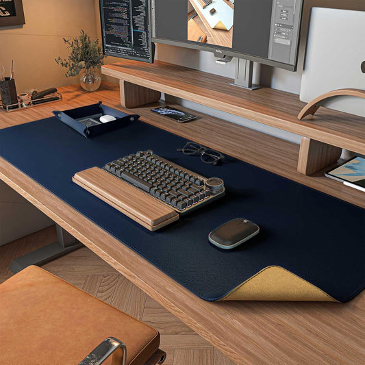 DAWNTREES Dual Sided Desk Mat,Leather Desk Pad,35.5"x17",Cork Desk Mat Protector,with PU Leather Valet Tray Organizer,Large Mouse Pad,Desk Writing Pad for Office and Home(Dark Blue)