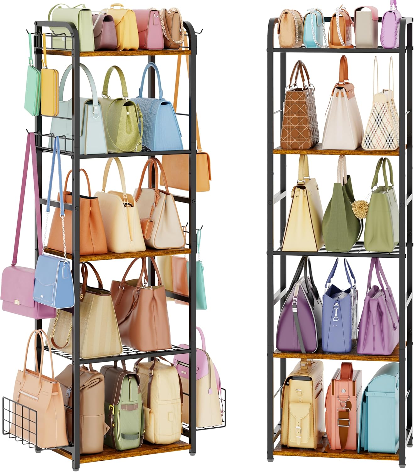 5-Tier Purse Organizer for Closet, Tall Purse Rack Stand for Purse Storage, Metal & Wood Handbag Organizer with 4 Side Hooks and 2 Baskets, Space-Saving Narrow Purse Shelf for Small Space, Bedroom