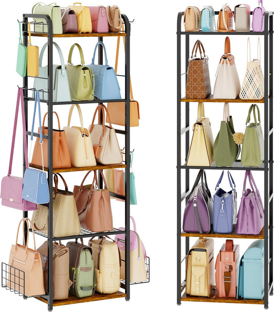5-Tier Purse Organizer for Closet, Tall Purse Rack Stand for Purse Storage, Metal & Wood Handbag Organizer with 4 Side Hooks and 2 Baskets, Space-Saving Narrow Purse Shelf for Small Space, Bedroom