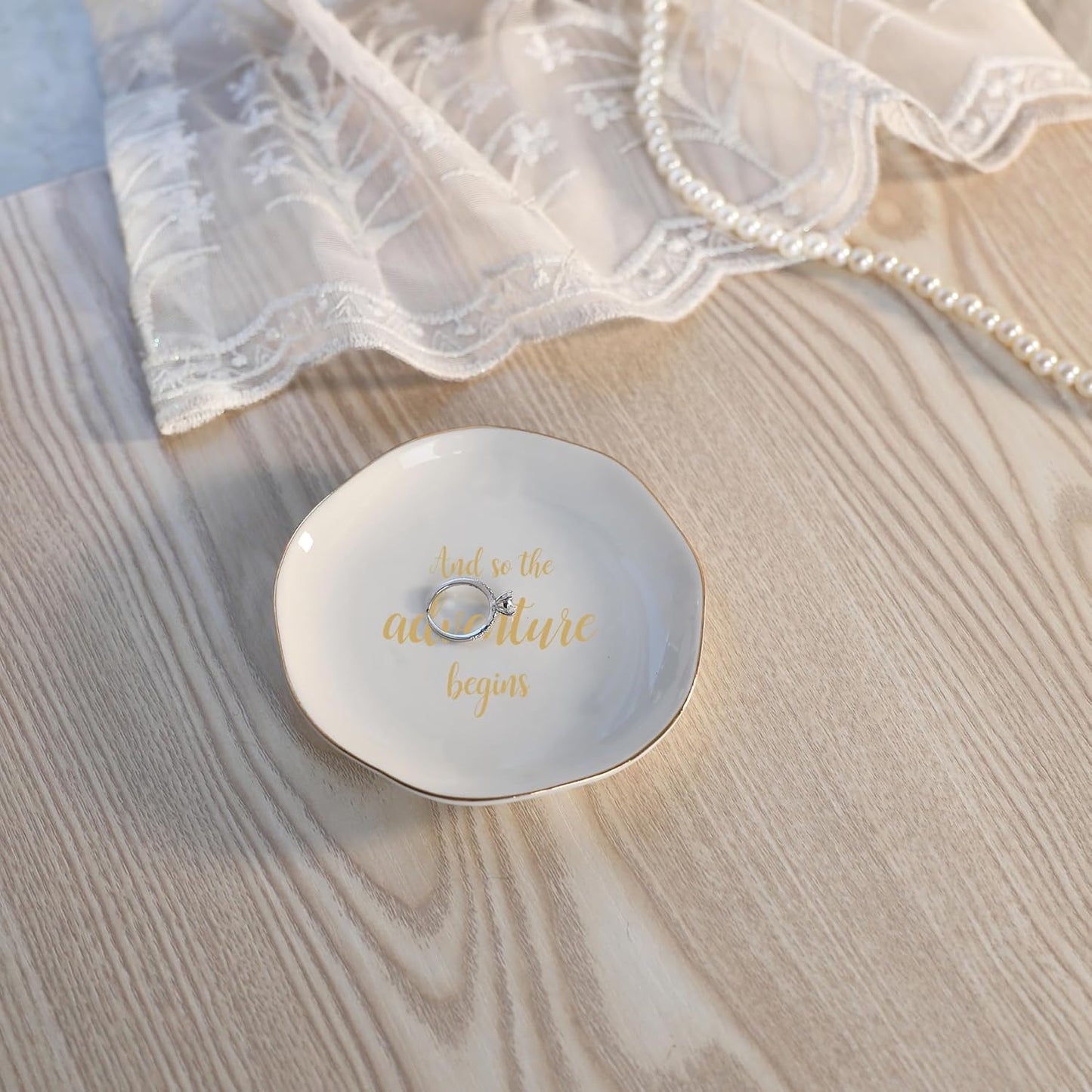 HOME SMILE And So The Adventure Begins Ring Dish-Inspirational Bridal Shower, Bachelorette Party, Engagement Wedding Gifts, Congratulation Present for New Chapter,Ceramic White