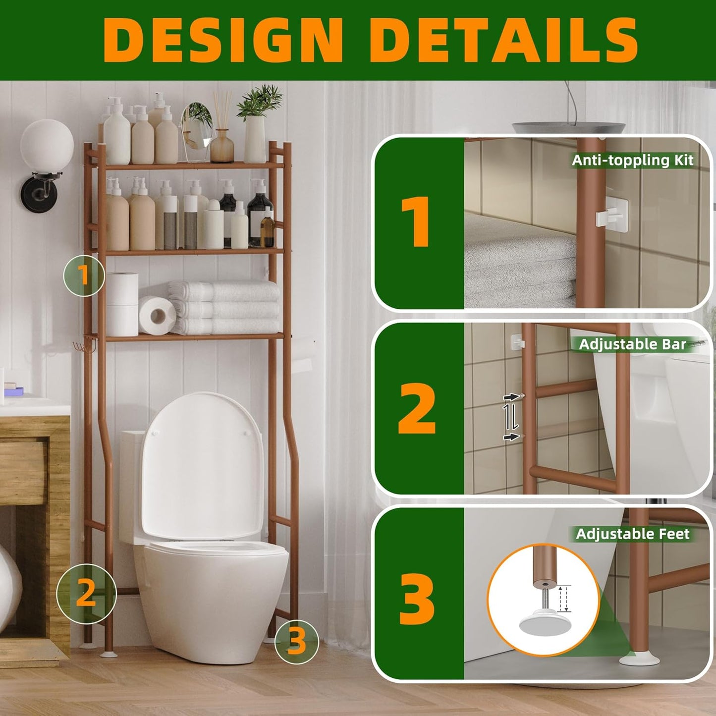 3-Tier Over The Toilet Storage, Space Saver Metal Bathroom Shelves, Freestanding Above Over Toilet Storage Shelf with 4 Hooks for Bathroom, Bronze