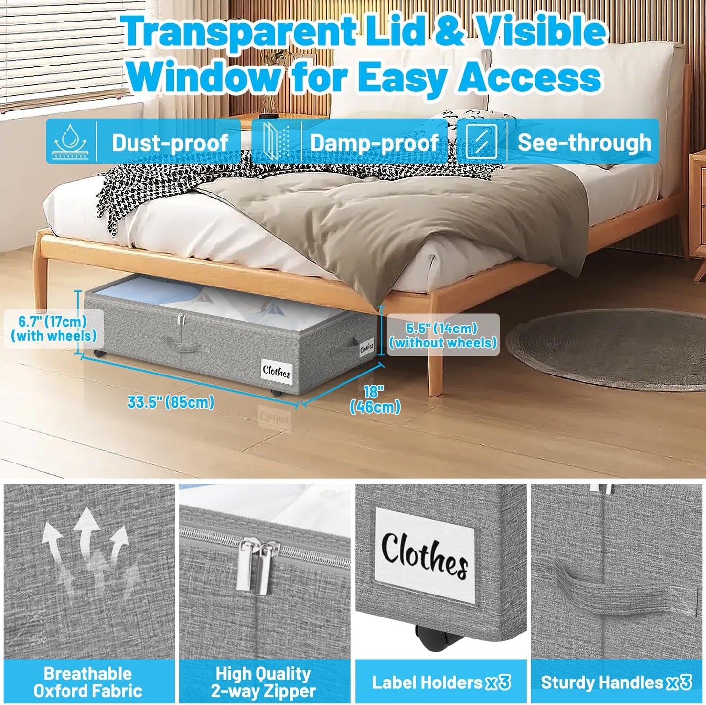 Under Bed Storage with Wheels, 2-Pack 6.7" Height XL 50L Rolling Storage Bins, Quick Assembly Underbed Shoe Storage Containers with Clear Lid & Label, Dorm Under bed Drawers for Clothes, Shoes, Grey