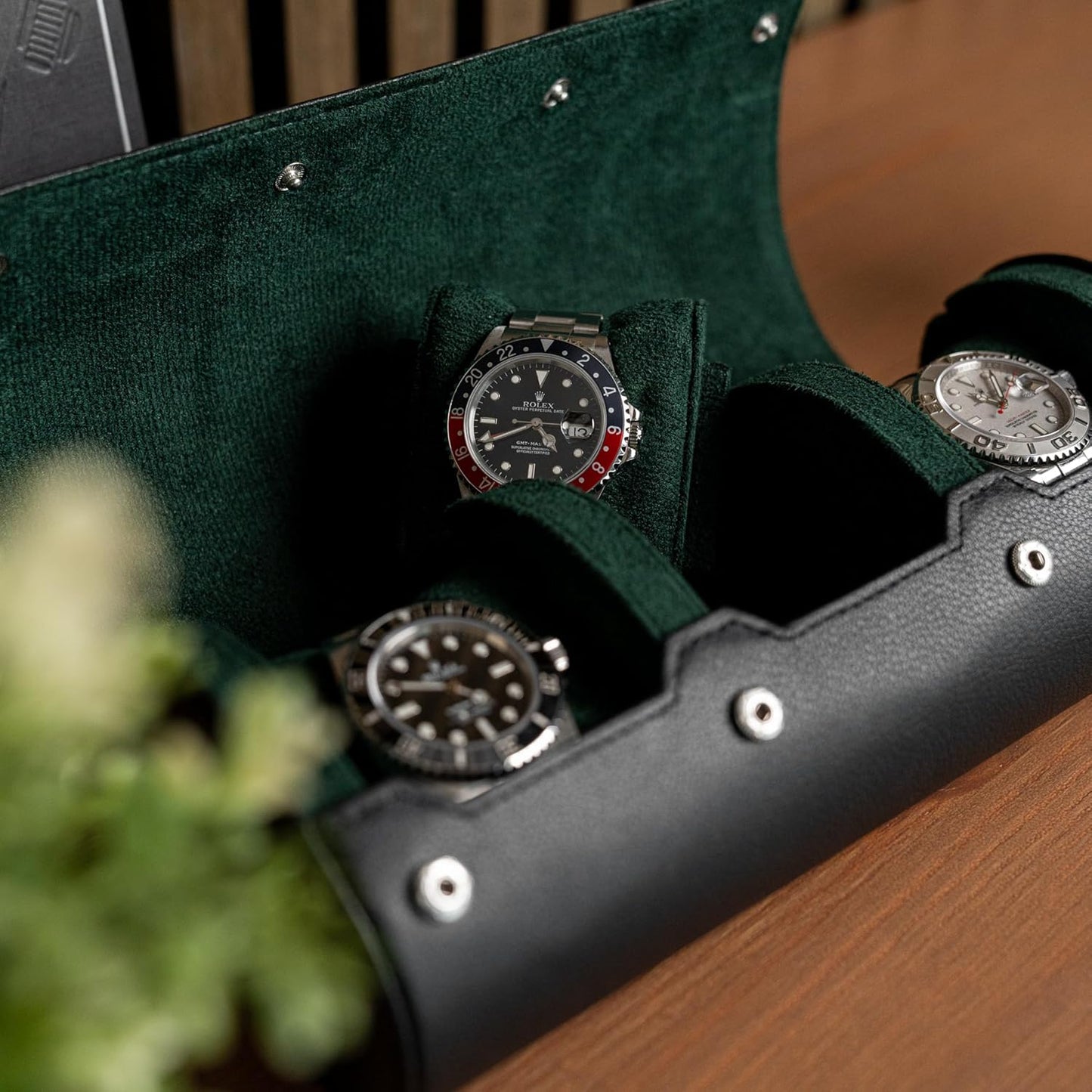 DailyWatch | Personalized Watch Roll Travel Case For 3 Watches - Handmade Genuine Leather Travel Case With Custom Engraving of Name or Initials - Black Green